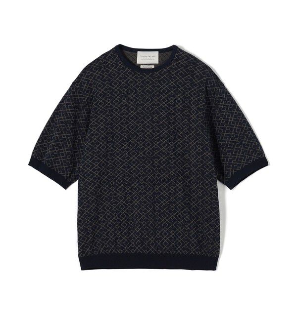 TOMORROWLAND MENS「TOMORROWLAND tricot ジオメトリック柄 コットンハーフスリーブ ニット」|ニット・セーター|68 ネイビー系