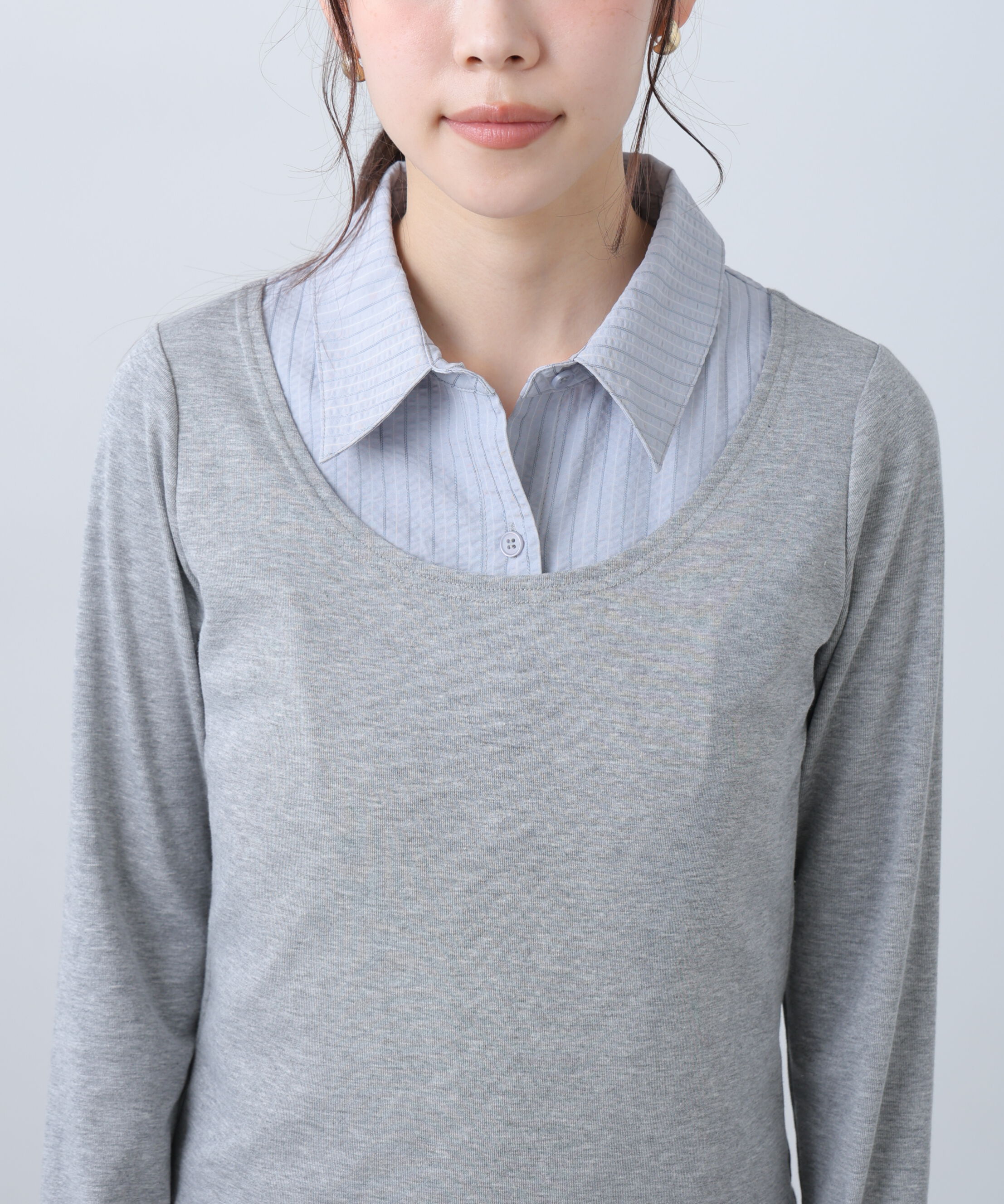  「シャツフェイクレイヤード深Uネックカットソー」|Tシャツ・カットソー|