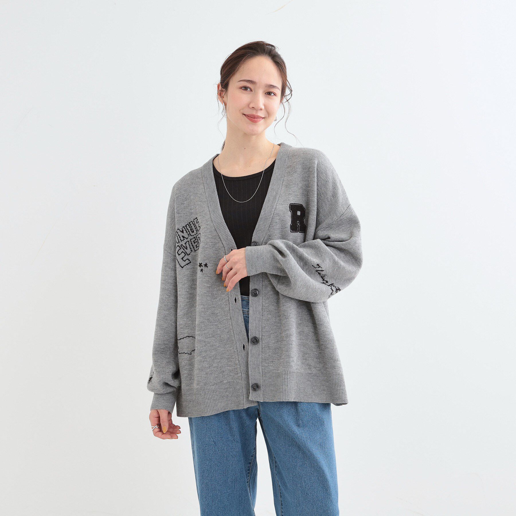 SHOO･LA･RUE「【S-LL/体型カバー】刺繍アソート Vネック ゆるニットカーディガン」|カーディガン|