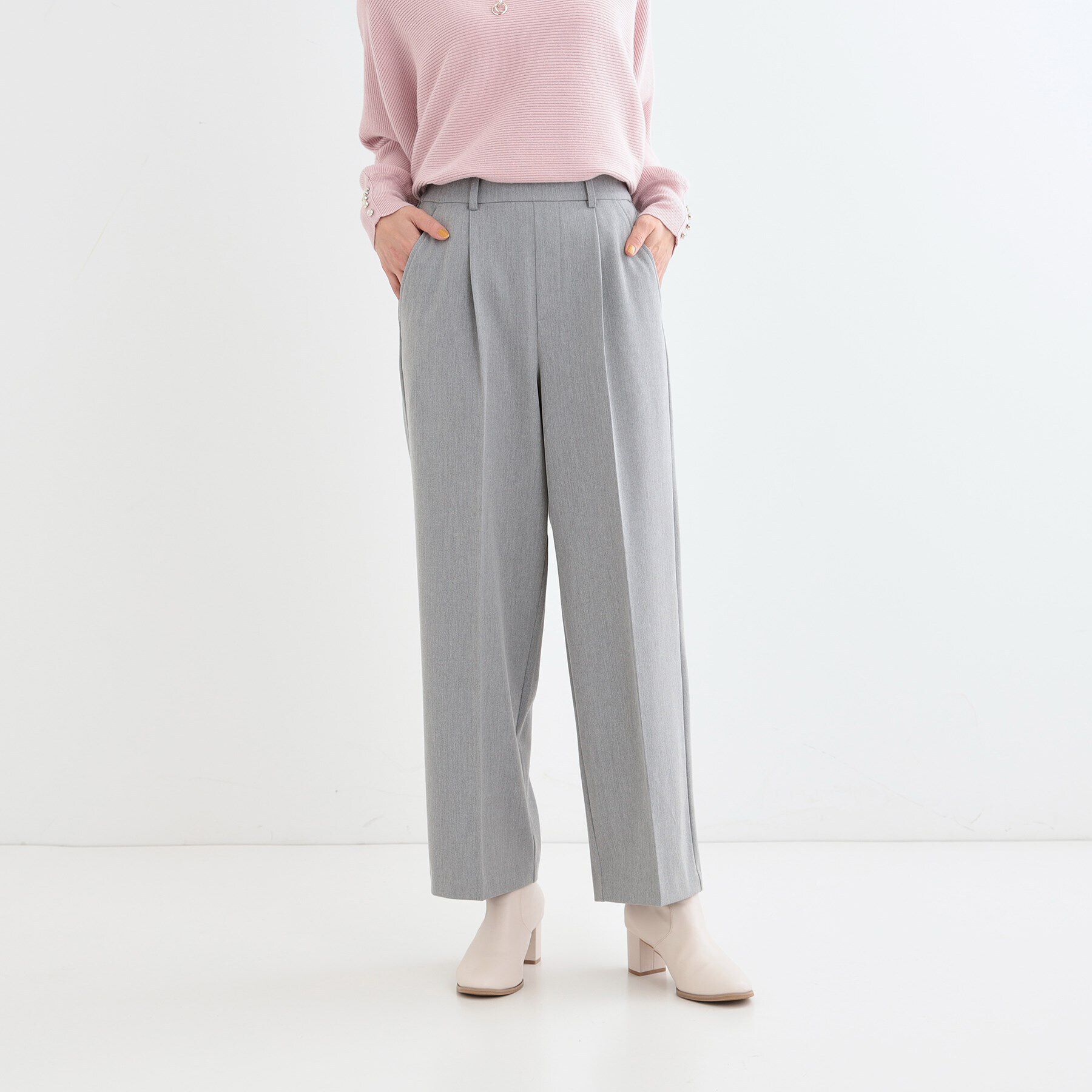 SHOO･LA･RUE「【洗える/S-LL】脚のラインを拾いにくい センタープレス タックワイドパンツ」|その他|
