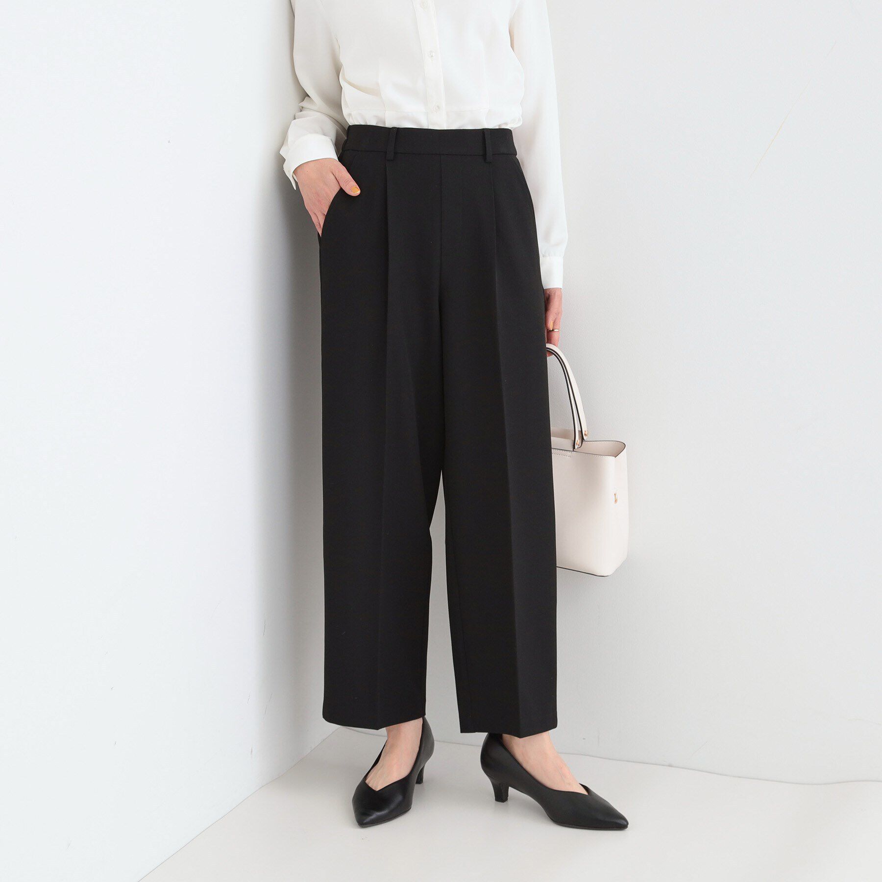 SHOO･LA･RUE「【洗える/S-LL】脚のラインを拾いにくい センタープレス タックワイドパンツ」|その他|