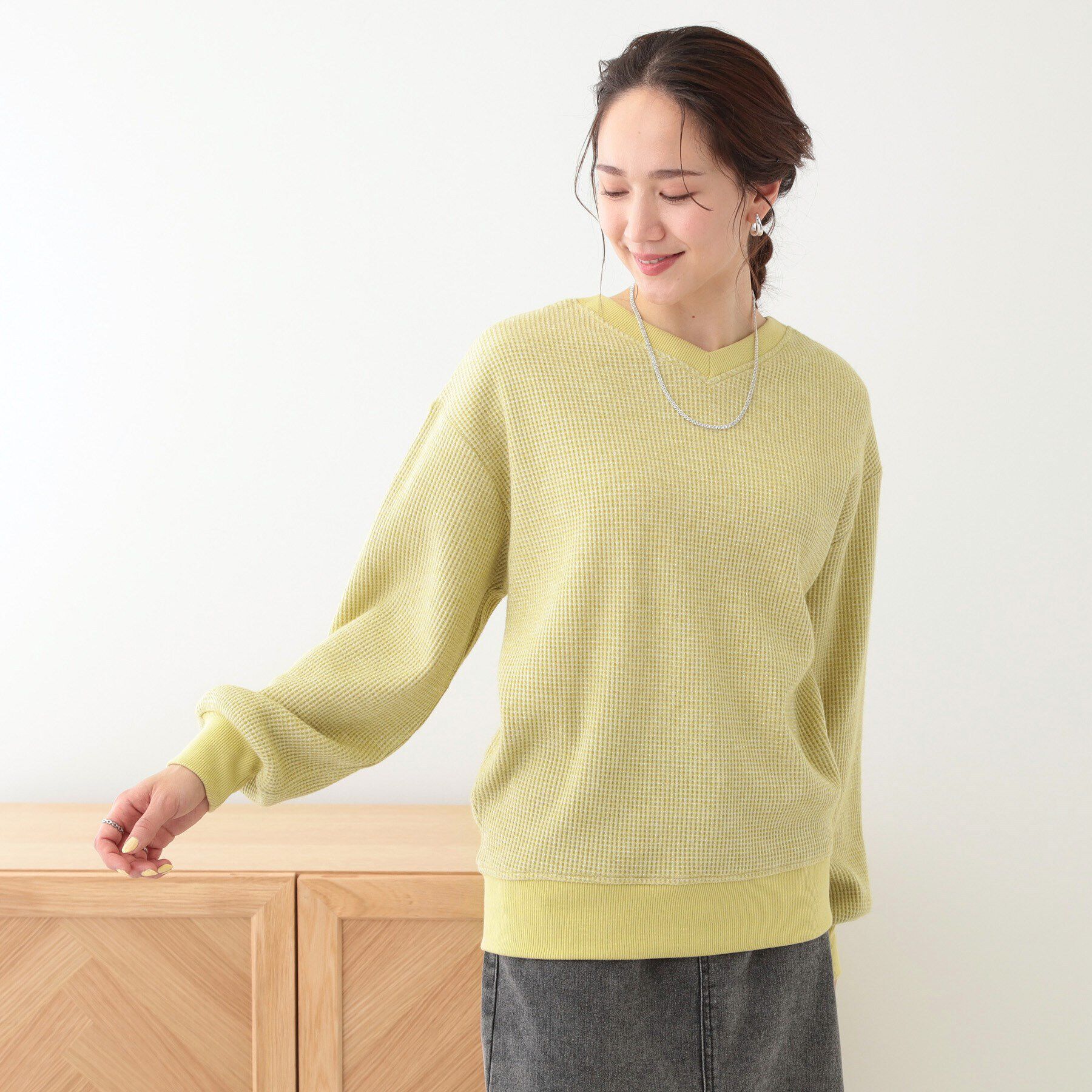 SHOO･LA･RUE「【洗える/S-LL/前後2WAY】きらっと光るラメが目を惹く ワッフルトップス」|Tシャツ・カットソー|