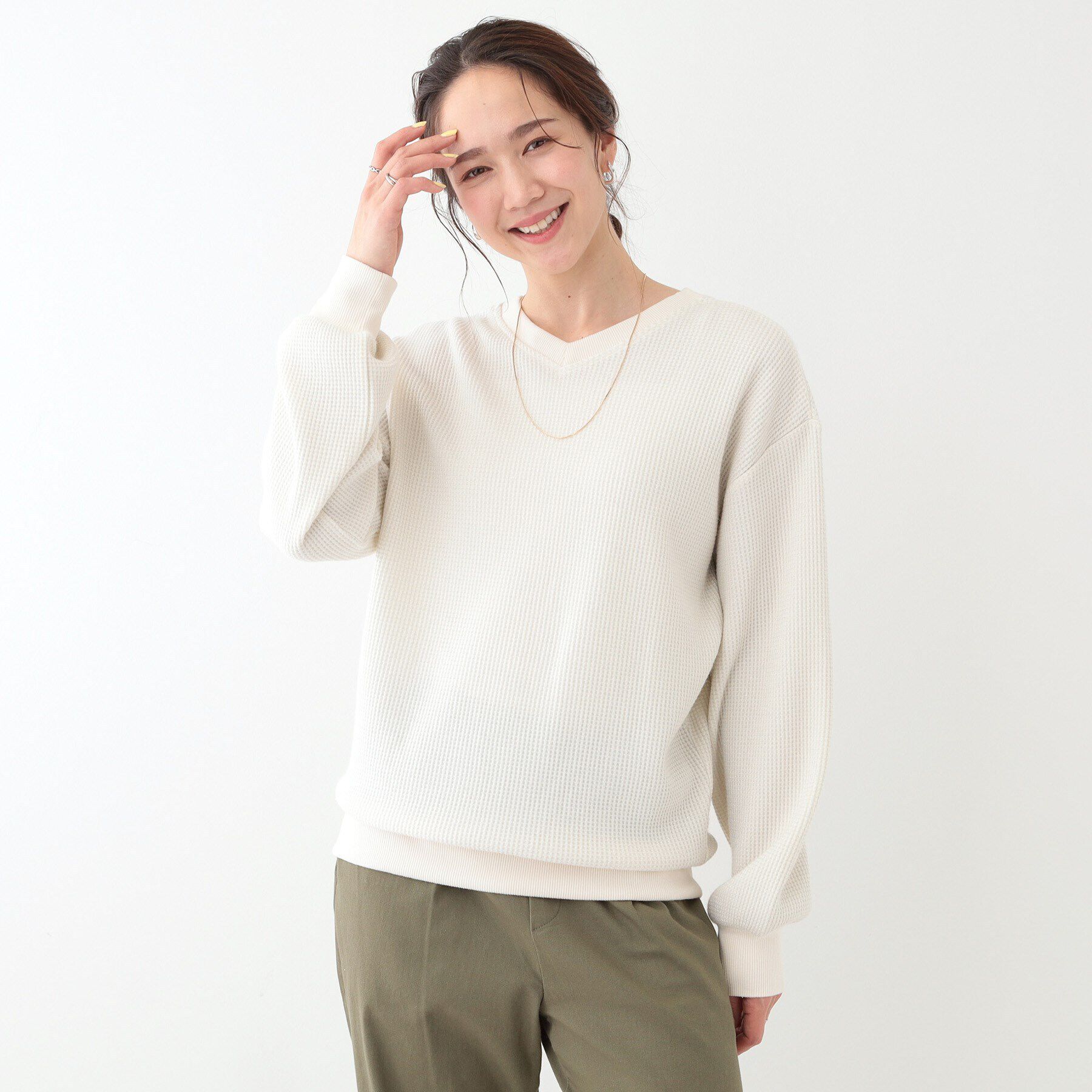 SHOO･LA･RUE「【洗える/S-LL/前後2WAY】きらっと光るラメが目を惹く ワッフルトップス」|Tシャツ・カットソー|