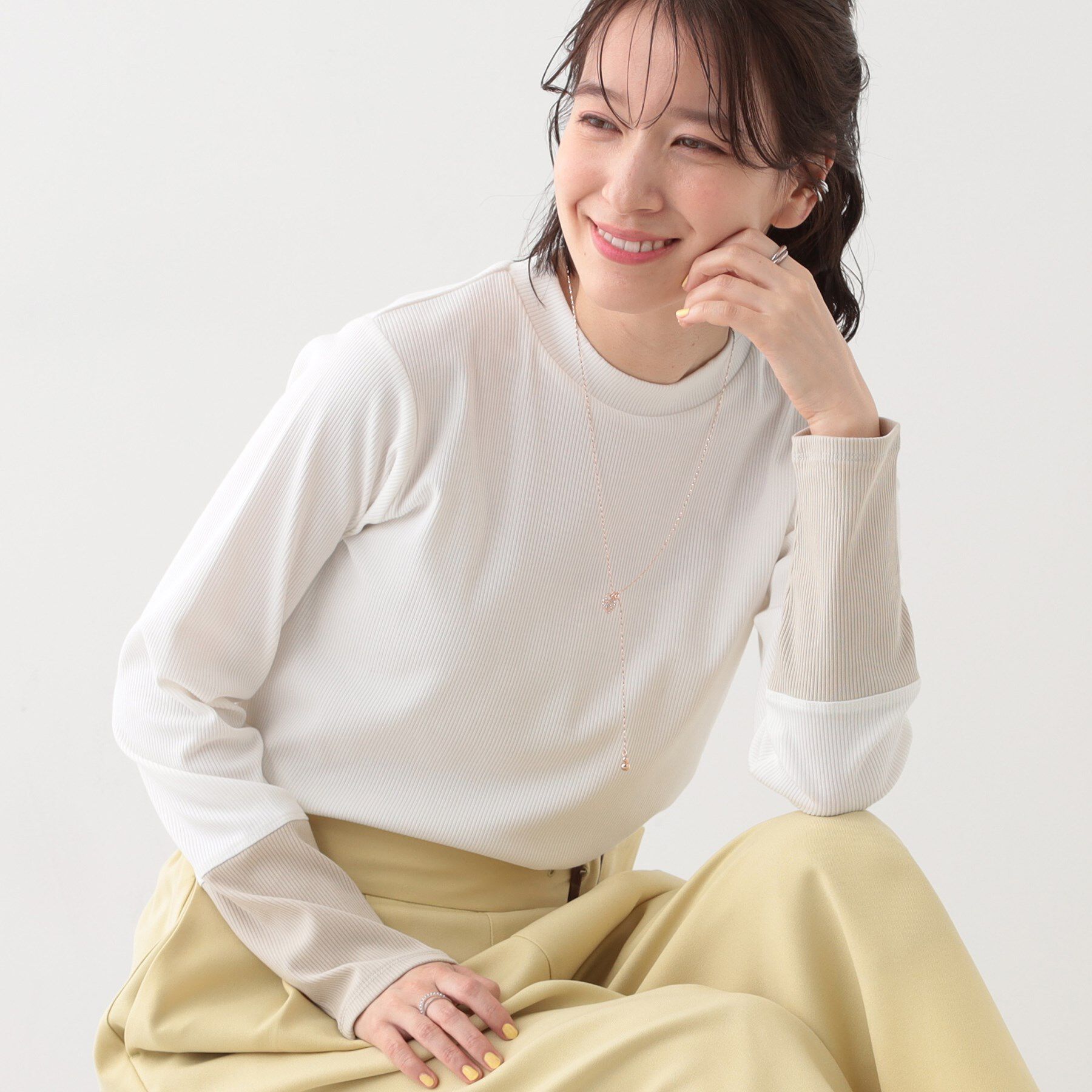 SHOO･LA･RUE「【S-LL】テレコ袖配色切り替えトップス」|Tシャツ・カットソー|ホワイト(502)