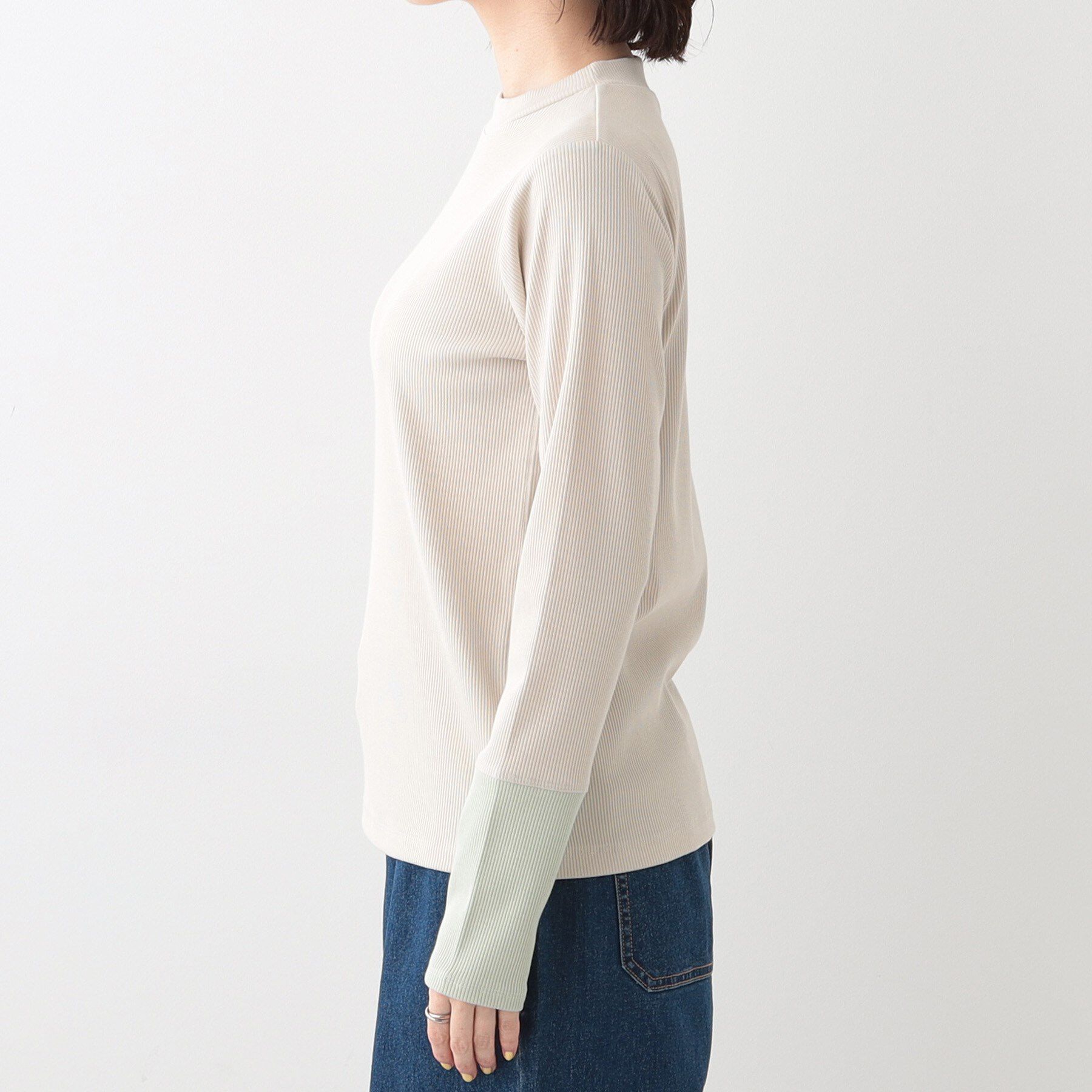 SHOO･LA･RUE「【S-LL】テレコ袖配色切り替えトップス」|Tシャツ・カットソー|