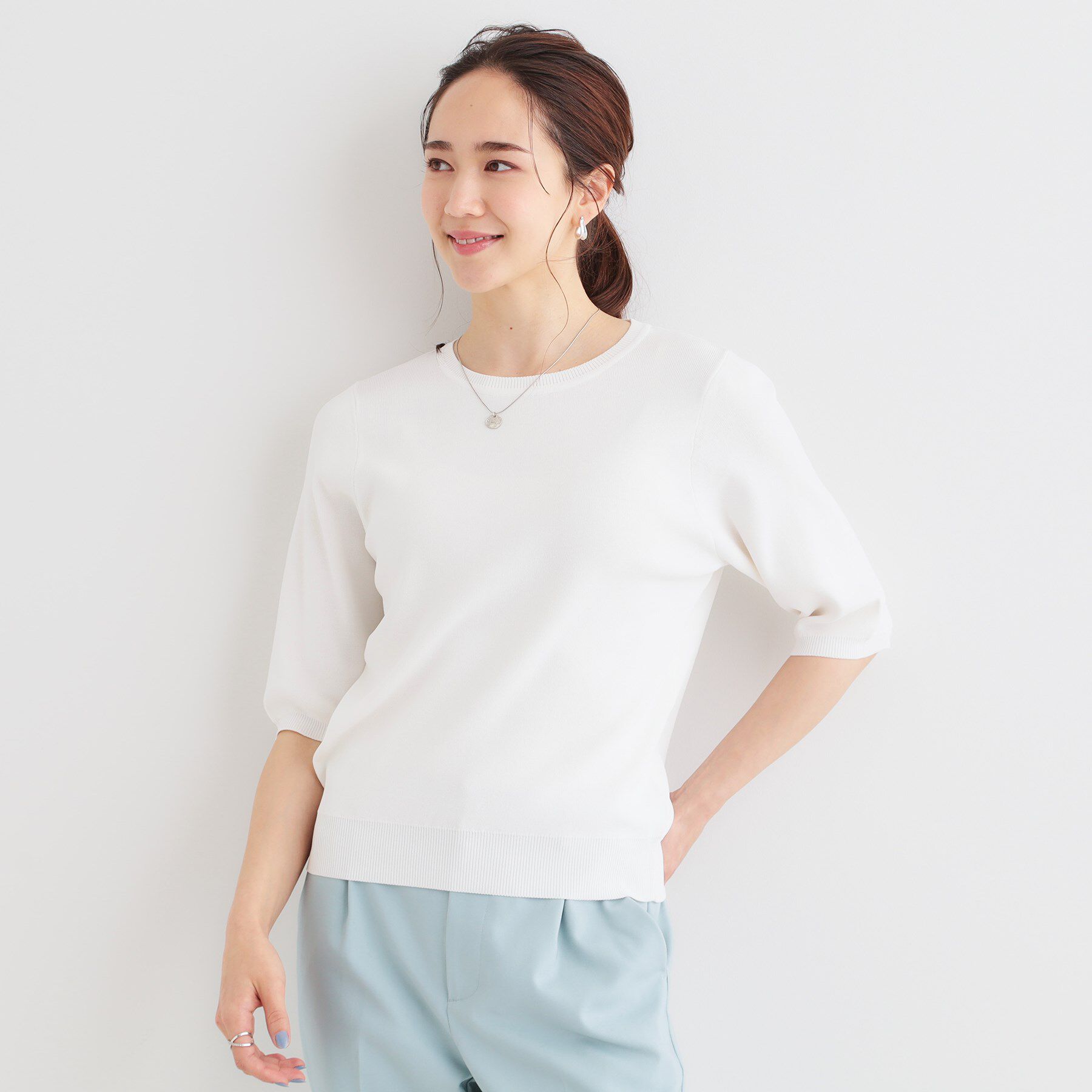 SHOO･LA･RUE「【高レビュー/洗える/S-LL】季節の変わり目から活躍 5分袖ニット」|ニット・セーター|