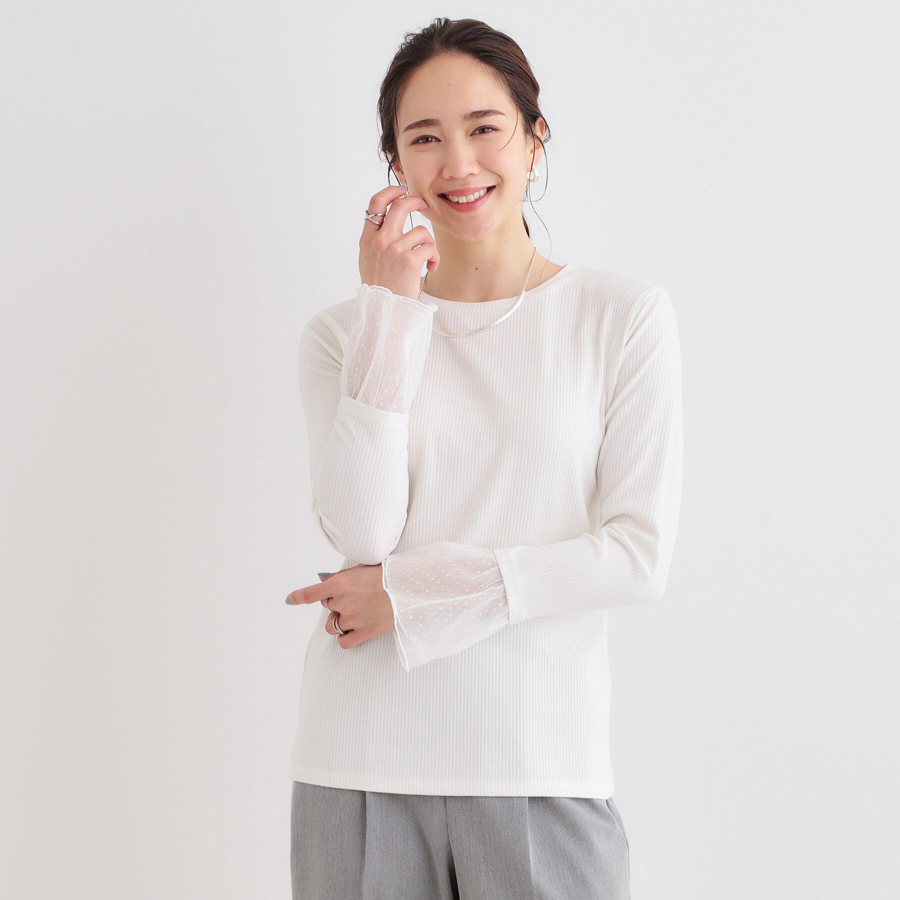 SHOO･LA･RUE「【S-LL】重ね着コーデで差をつける お袖チュールリブトップス」|Tシャツ・カットソー|