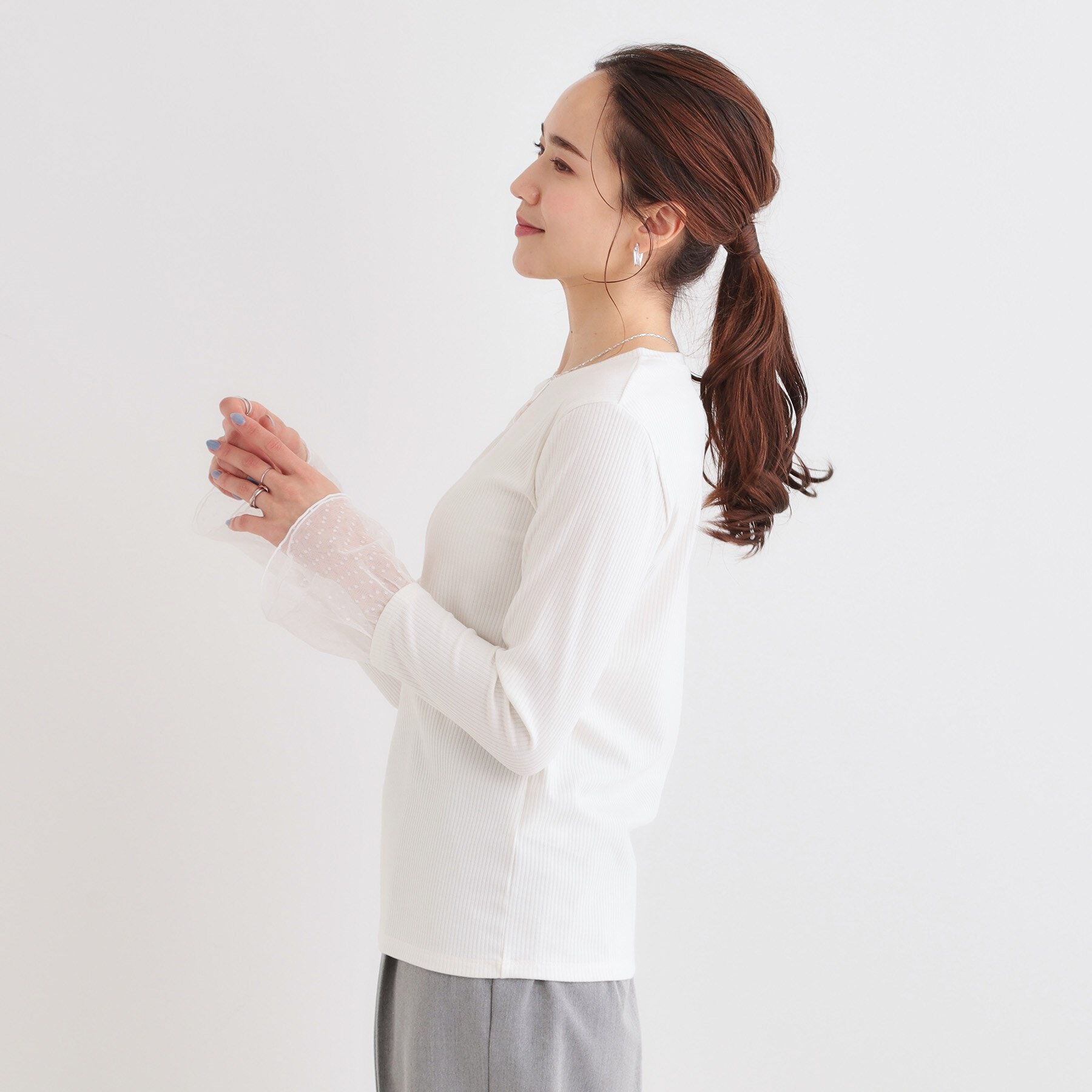 SHOO･LA･RUE「【S-LL】重ね着コーデで差をつける お袖チュールリブトップス」|Tシャツ・カットソー|