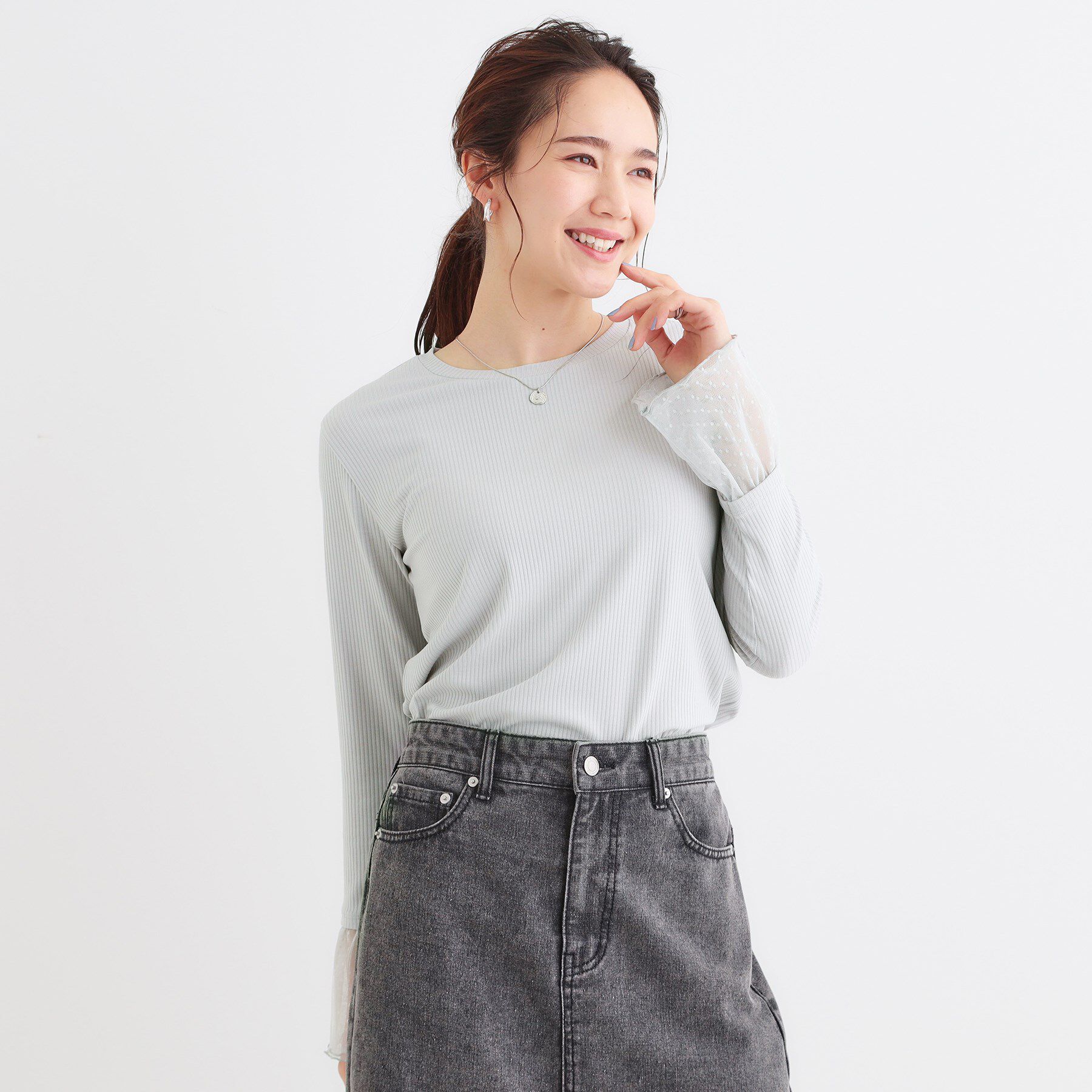 SHOO･LA･RUE「【S-LL】重ね着コーデで差をつける お袖チュールリブトップス」|Tシャツ・カットソー|
