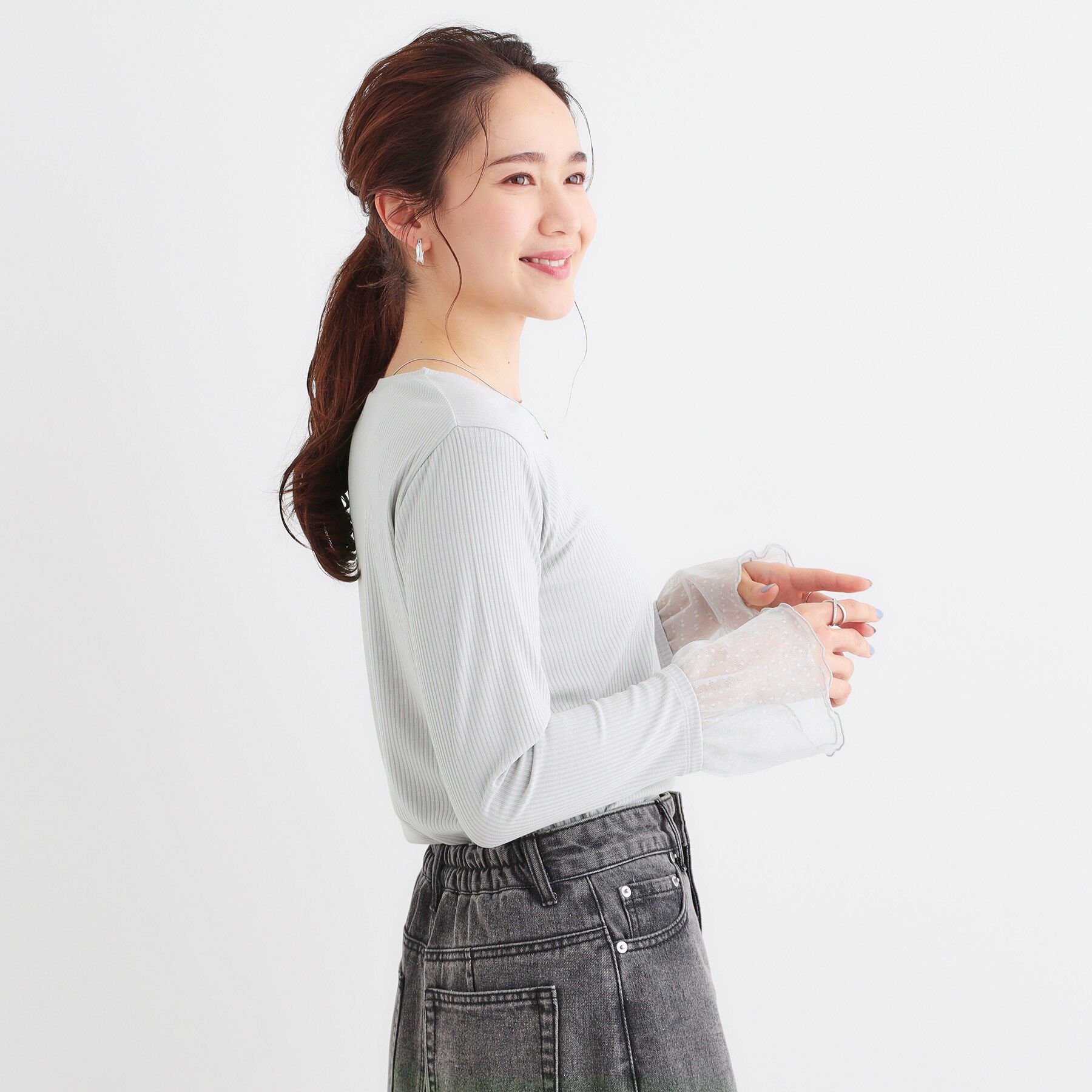 SHOO･LA･RUE「【S-LL】重ね着コーデで差をつける お袖チュールリブトップス」|Tシャツ・カットソー|