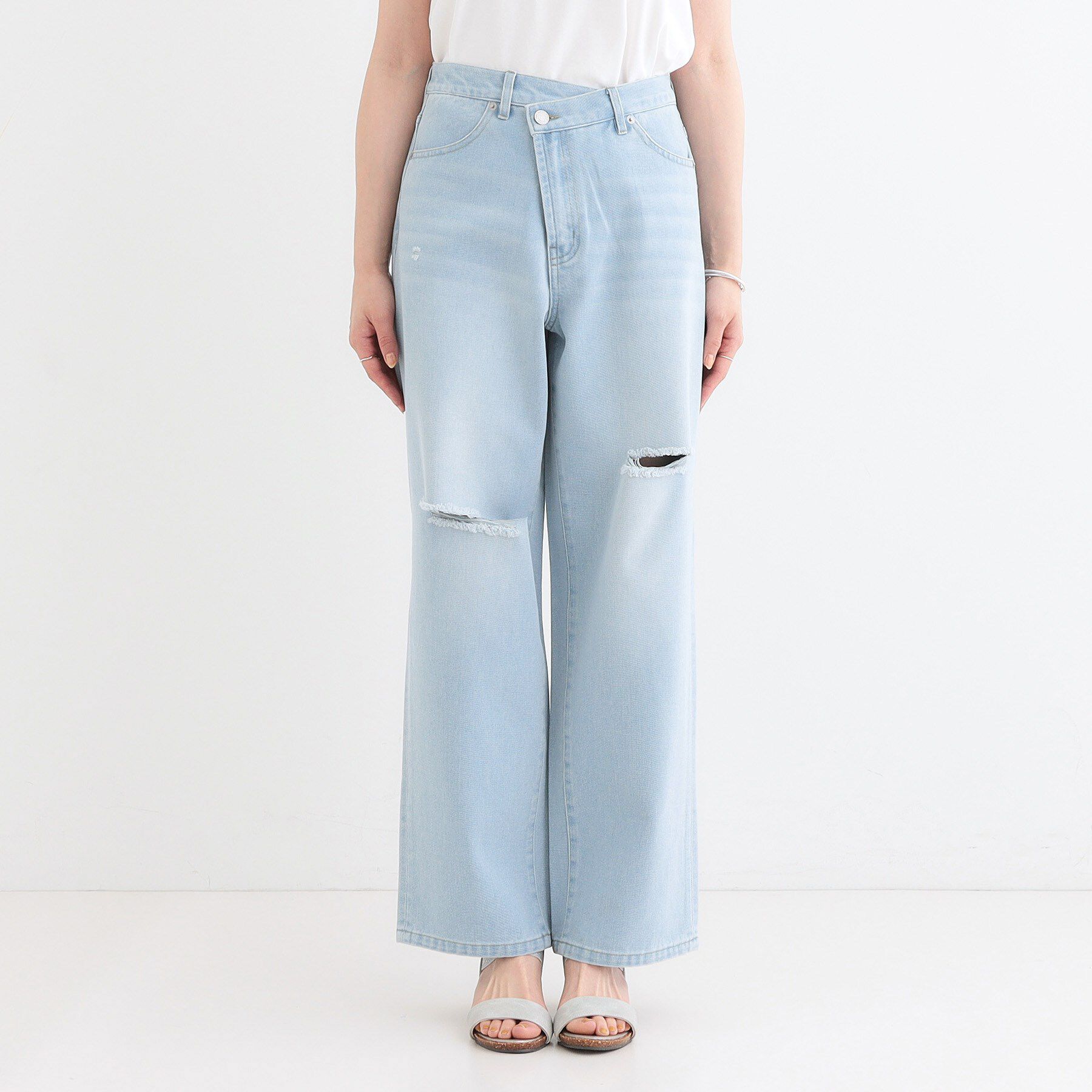 SHOO･LA･RUE「【洗える/S-LL】アシメウエスト ダメージデニム」|デニム|