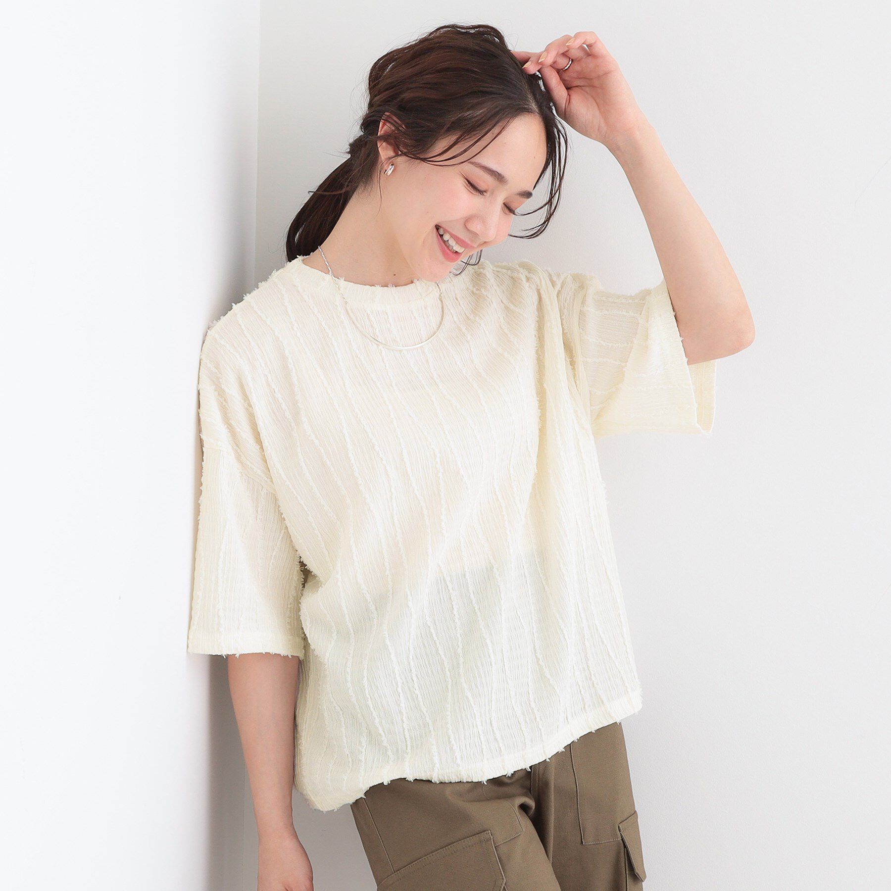 SHOO･LA･RUE「1枚で着映え ジャカードフリンジ5分袖トップス」|Tシャツ・カットソー|