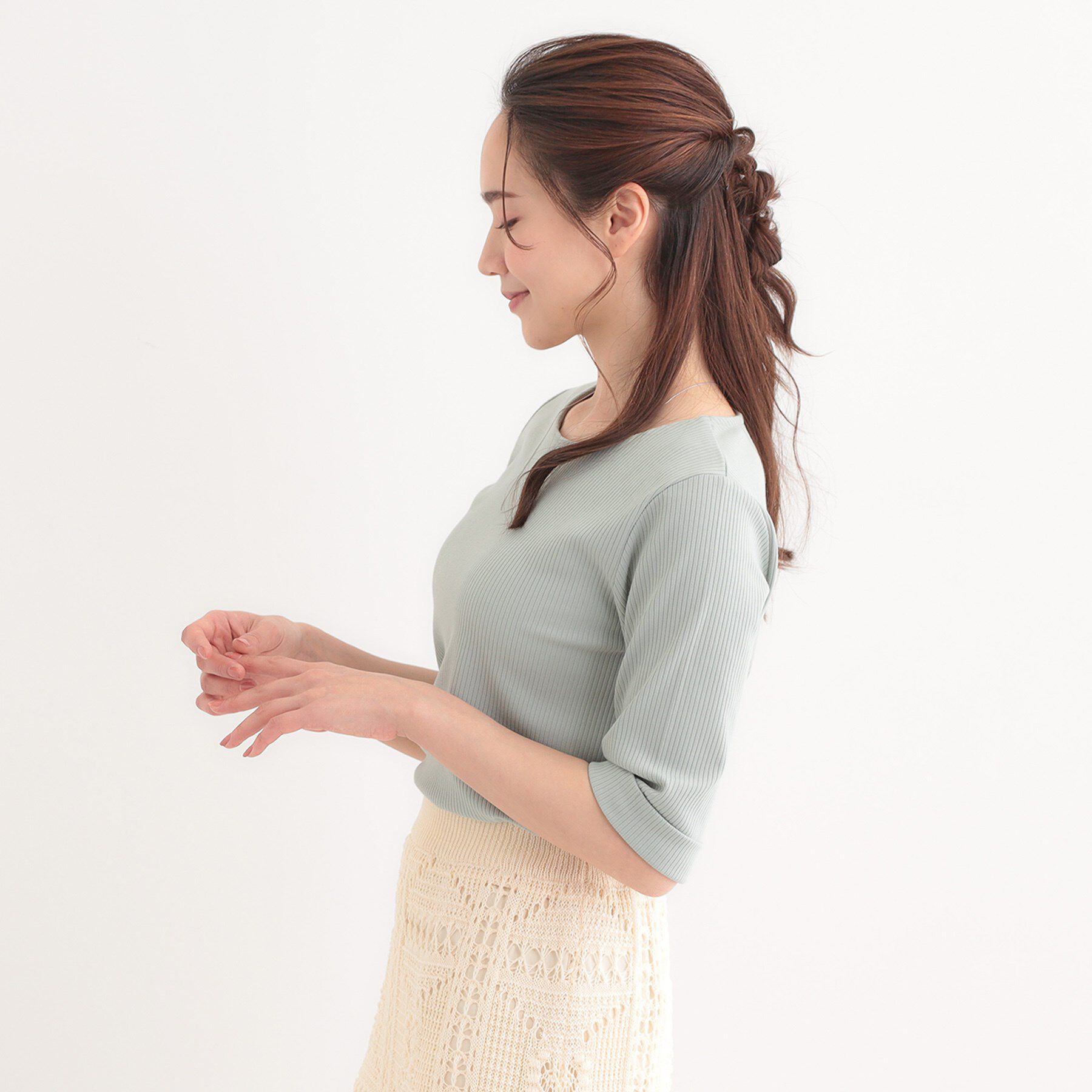 SHOO･LA･RUE「【S-LL】1枚でもインナーでも テレコ5分袖トップス」|Tシャツ・カットソー|