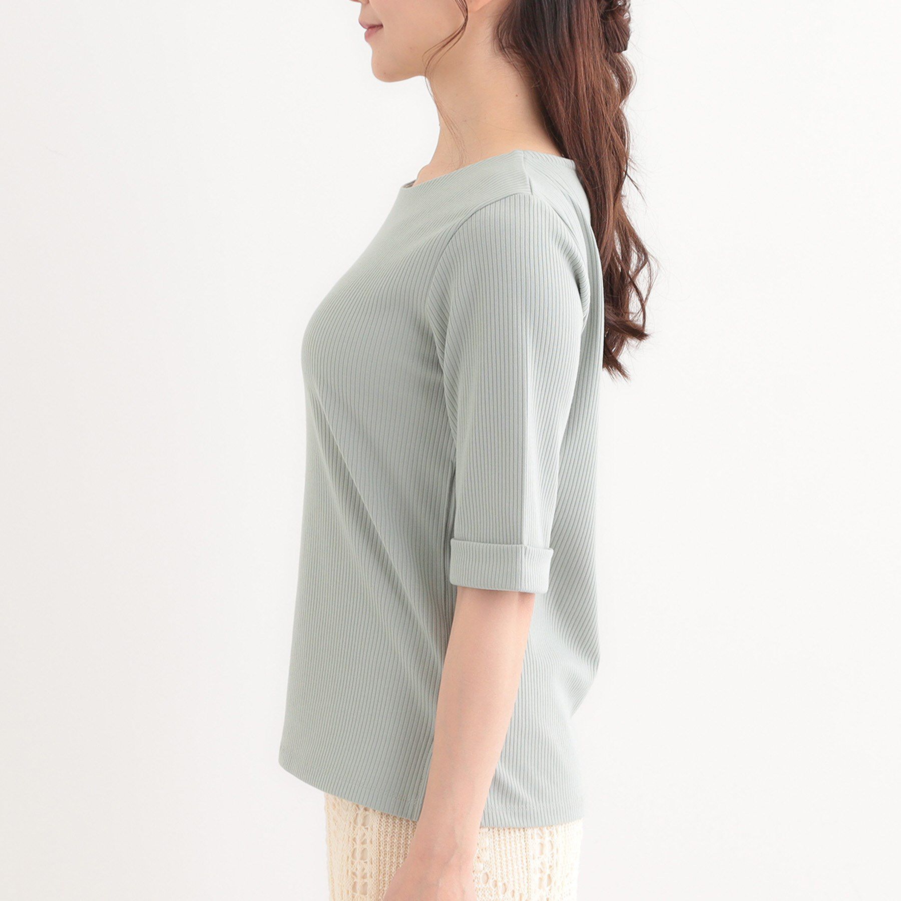SHOO･LA･RUE「【S-LL】1枚でもインナーでも テレコ5分袖トップス」|Tシャツ・カットソー|