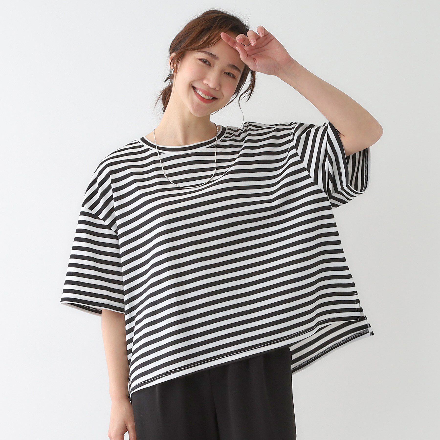 SHOO･LA･RUE「【洗える/S-LL】ハーフスリーブボーダーカットソー」|Tシャツ・カットソー|