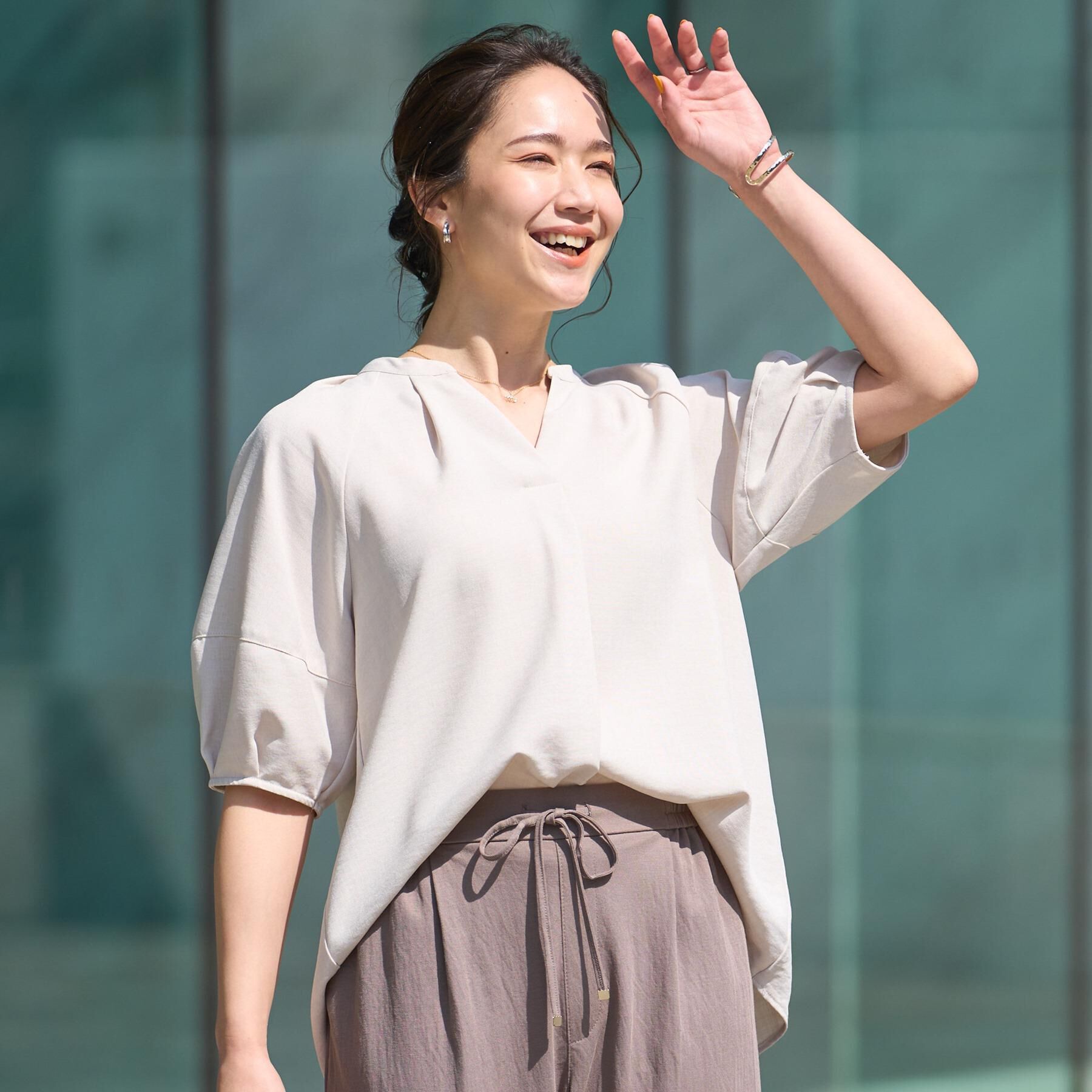 SHOO･LA･RUE「【洗える/S-LL】洗濯後しわになりにくい 5分袖スキッパーブラウス」|シャツ・ブラウス|