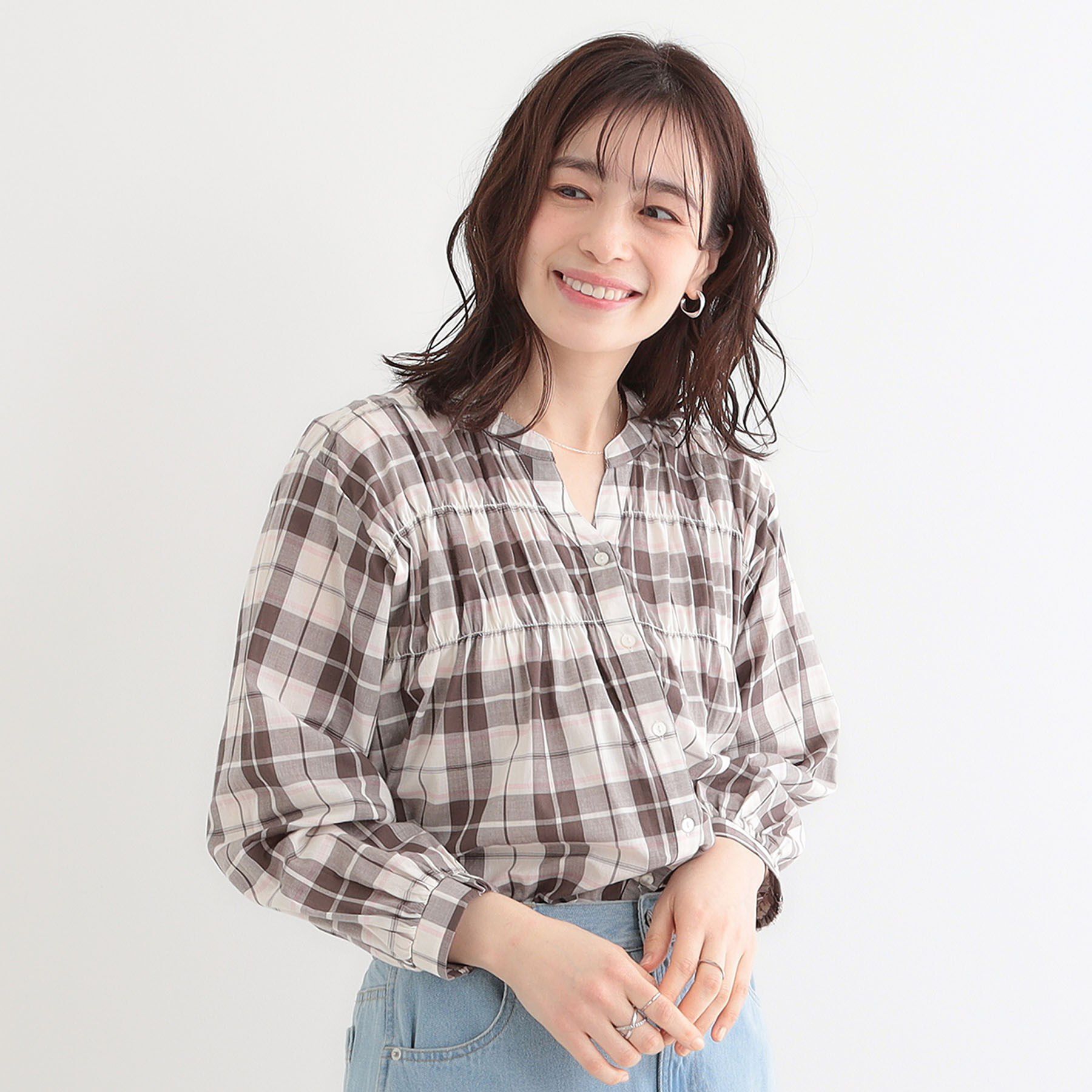 SHOO･LA･RUE「【S-LL】チェック柄シャーリングシャツ」|シャツ・ブラウス|