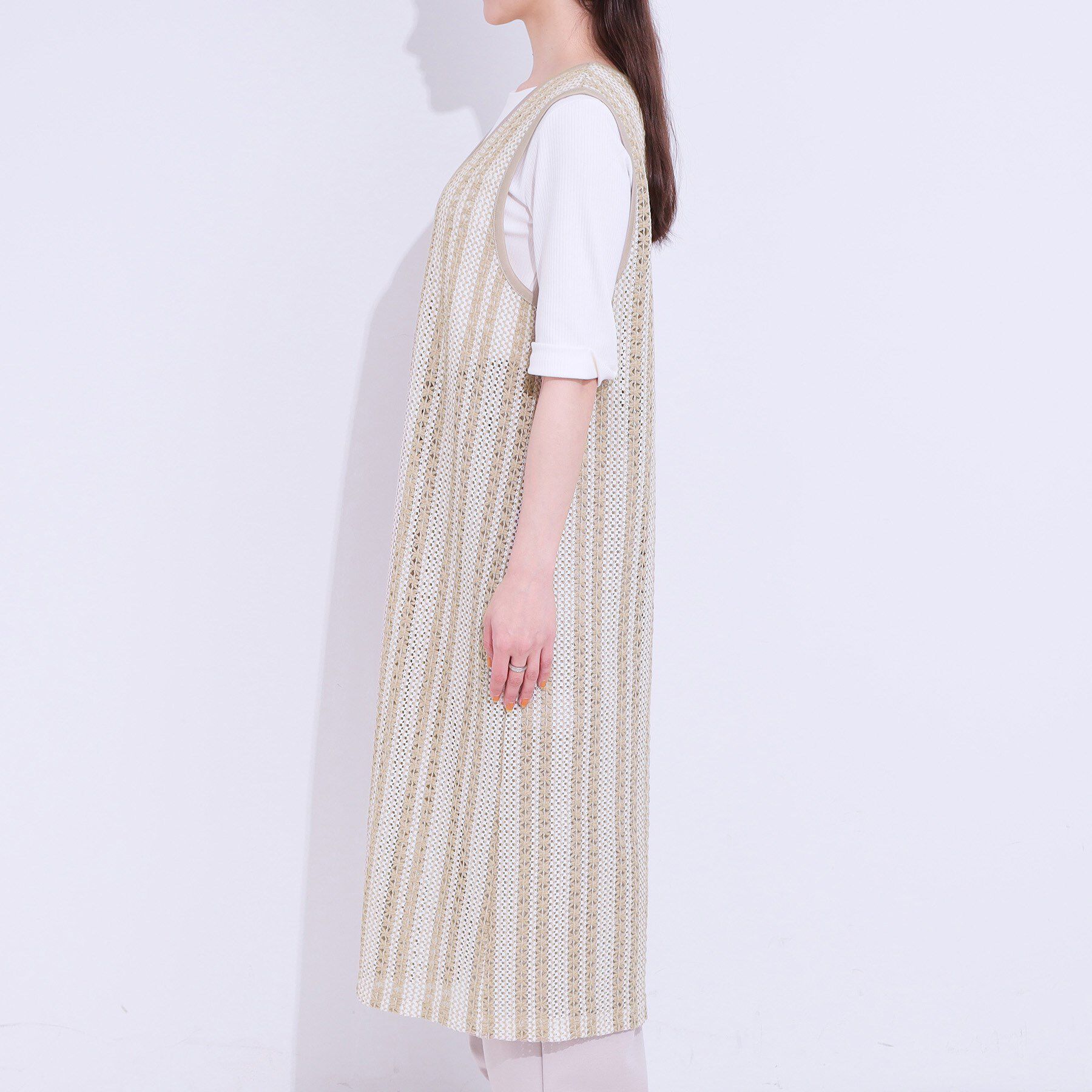 SHOO･LA･RUE「【S-LL】羽織るだけでサマ見え バイカラーレースジレ」|ベスト・ジレ|