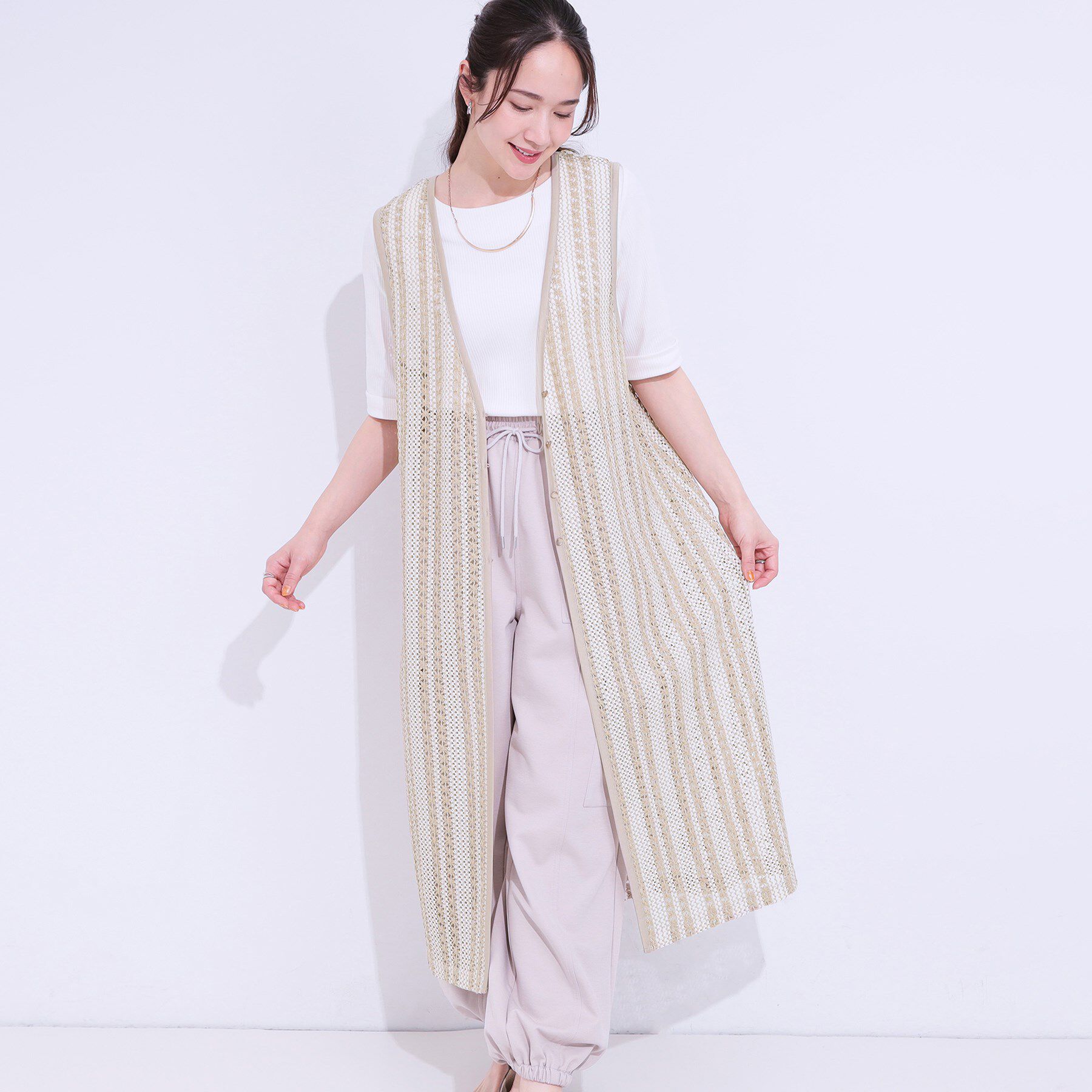 SHOO･LA･RUE「【S-LL】羽織るだけでサマ見え バイカラーレースジレ」|ベスト・ジレ|