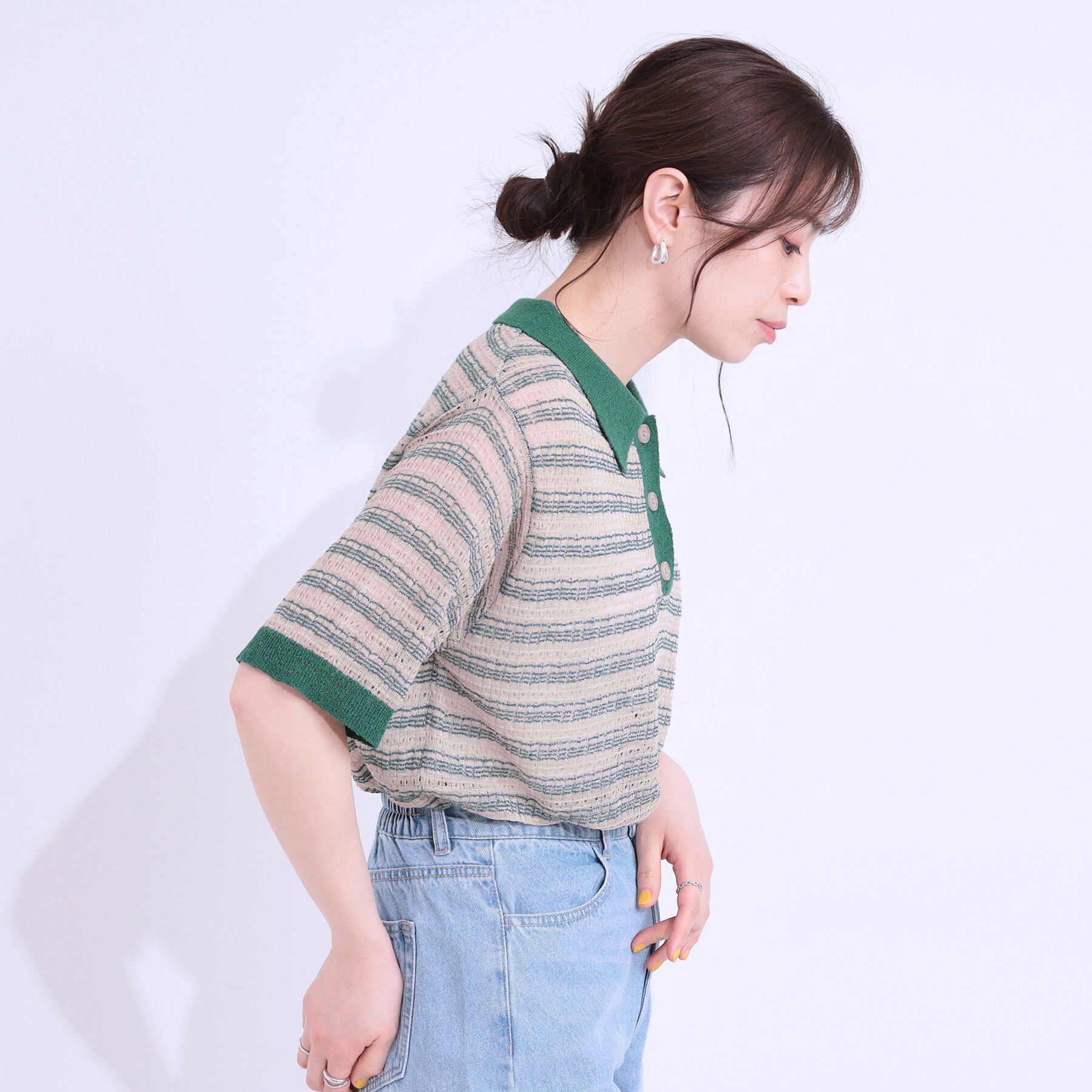 SHOO･LA･RUE「【S-LL】大人カジュアルコーデに 透かし編みボーダー ポロニット」|ニット・セーター|