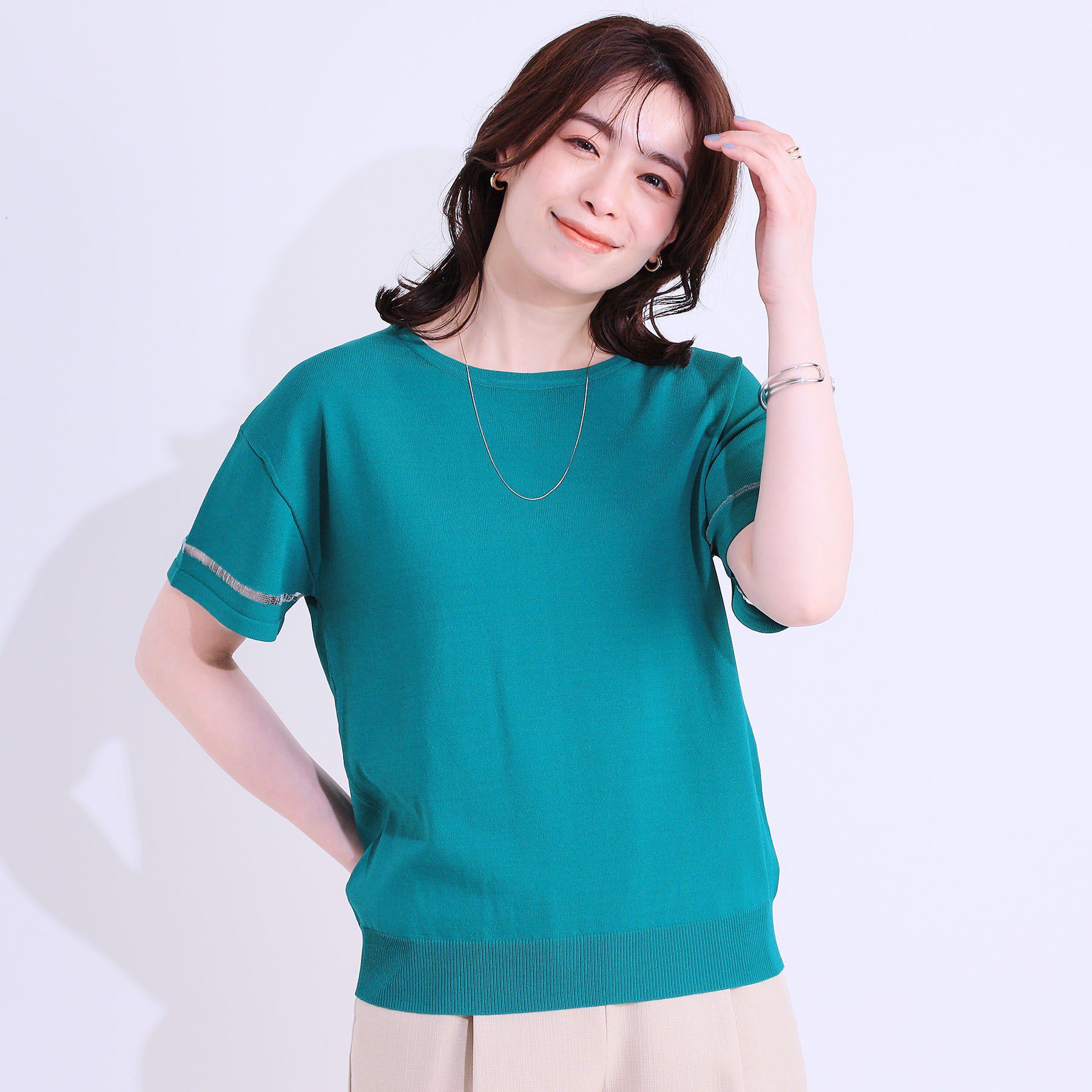 SHOO･LA･RUE「【S-LL/洗える/UV】お袖シアーでヘルシーに フレアスリーブサマーニット」|ニット・セーター|