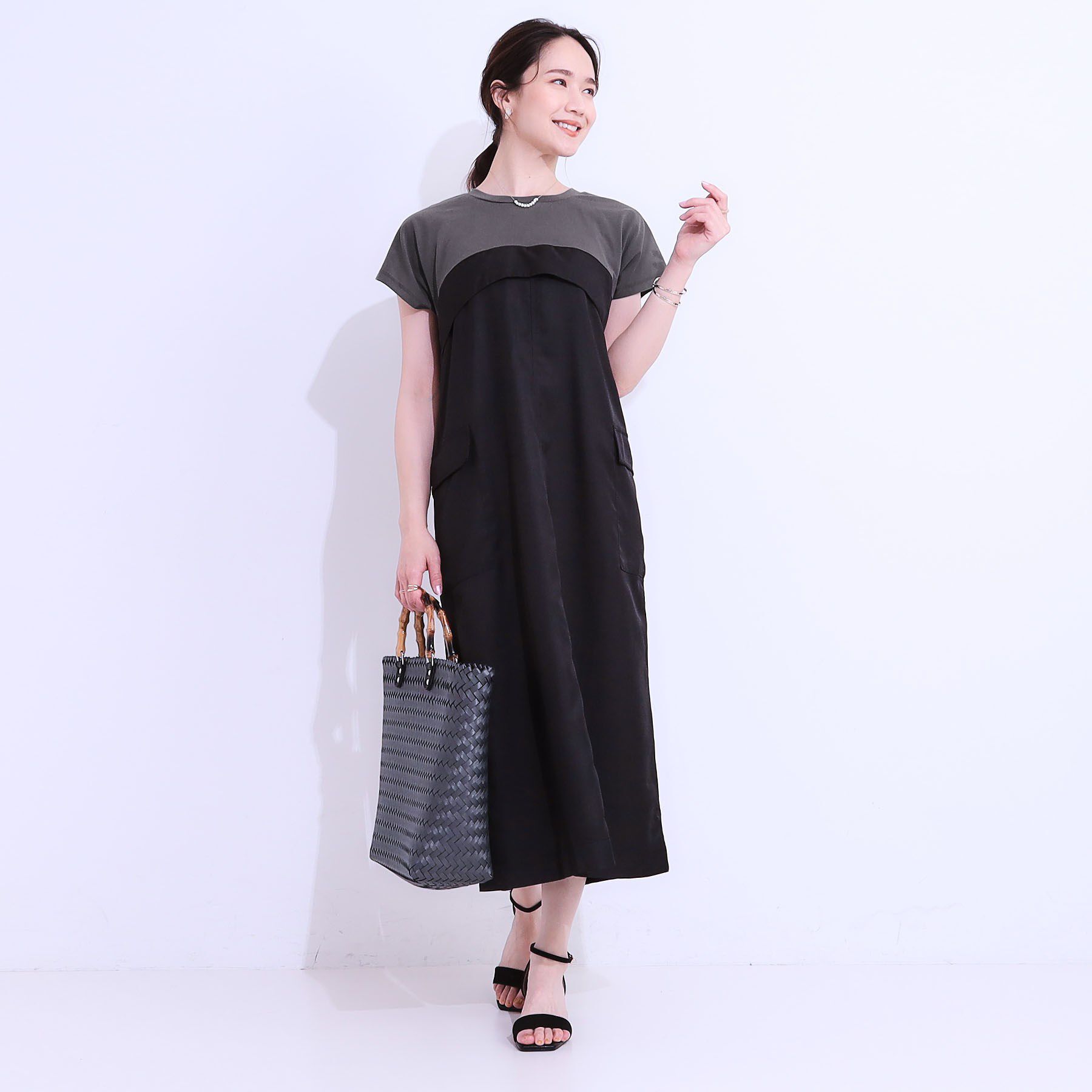 SHOO･LA･RUE「【洗える/S-LL】1枚でコーデが完成 異素材ドッキングワンピース」|ワンピース|