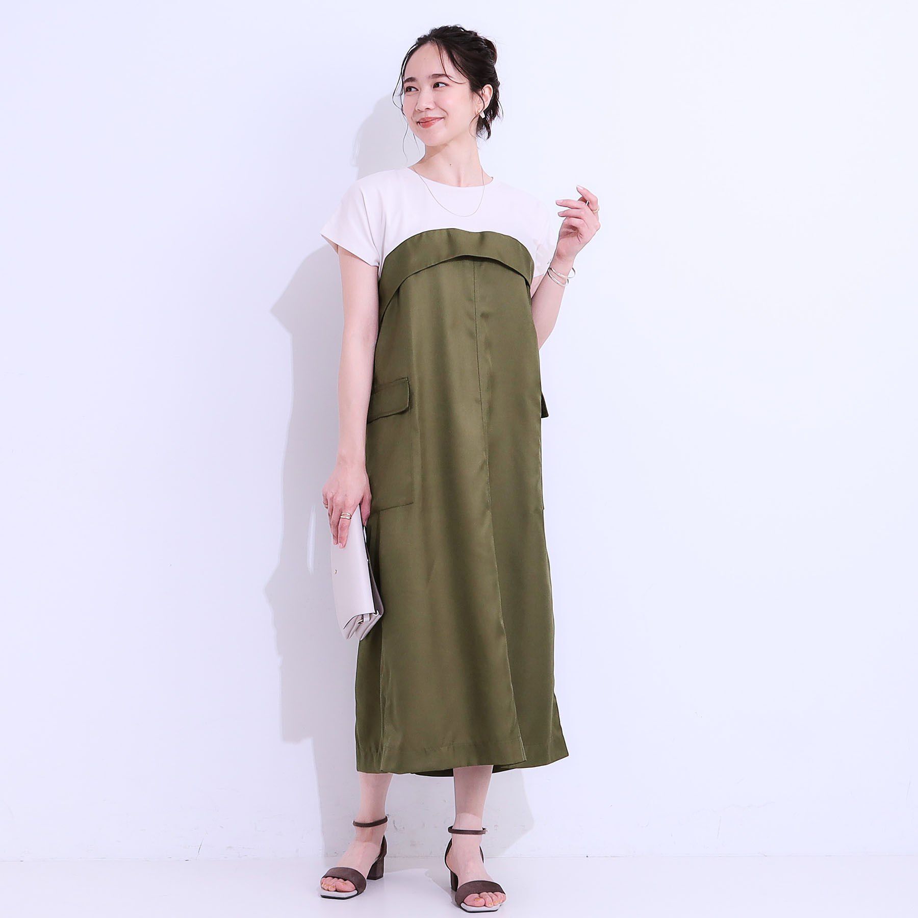 SHOO･LA･RUE「【洗える/S-LL】1枚でコーデが完成 異素材ドッキングワンピース」|ワンピース|
