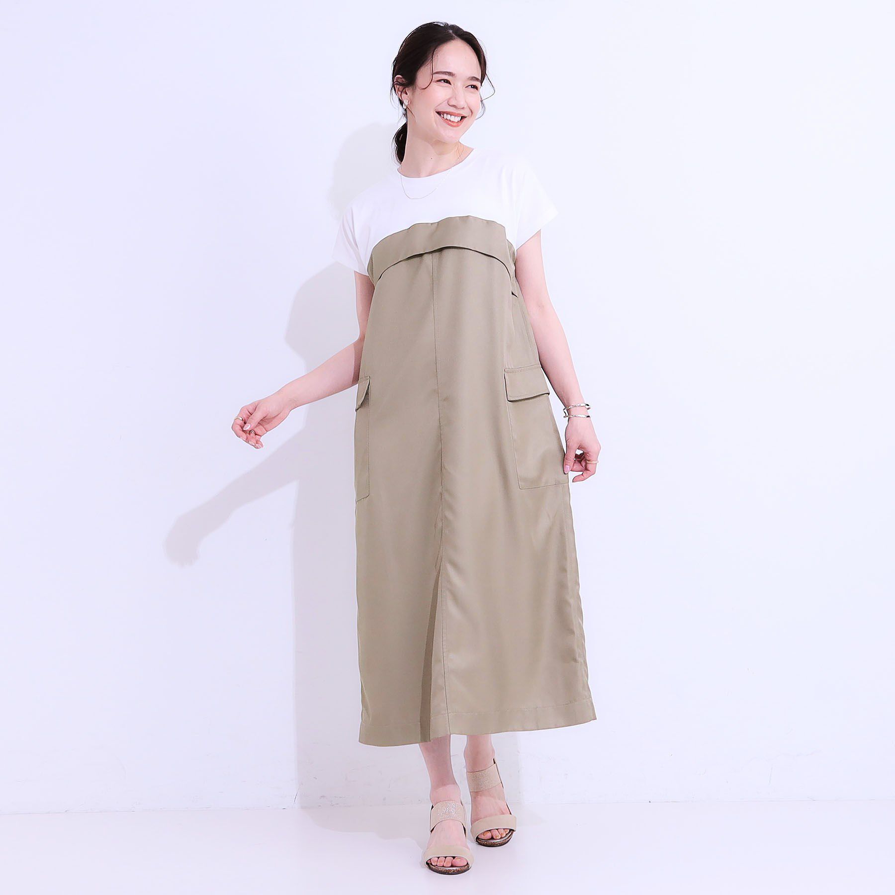 SHOO･LA･RUE「【洗える/S-LL】1枚でコーデが完成 異素材ドッキングワンピース」|ワンピース|