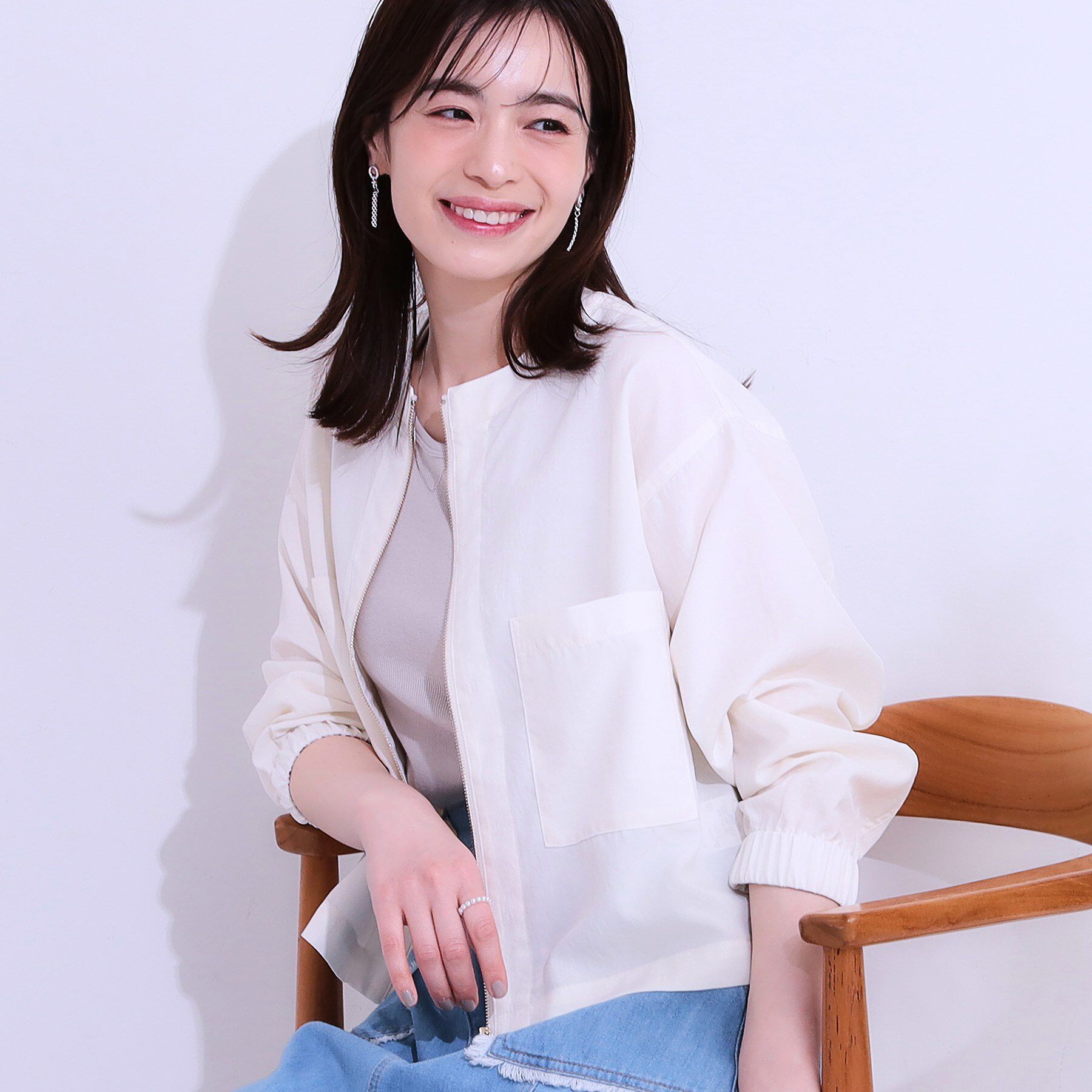 SHOO･LA･RUE「【洗える/S-LL/ひんやり/UV】さらりと羽織れる 麻調ZIPブルゾン」|ブルゾン・スタジャン|オフホワイト(003