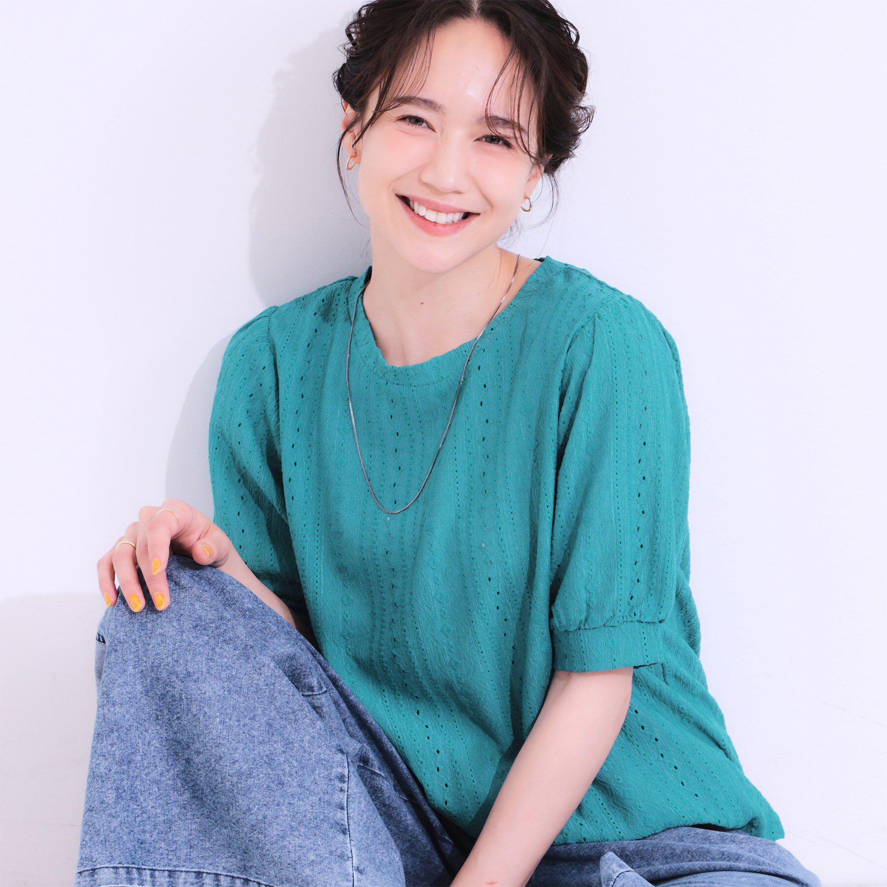 SHOO･LA･RUE「【S-LL/二の腕カバー】大人フェミニンな印象に ジャカードレーストップス」|Tシャツ・カットソー|ブルー(092)