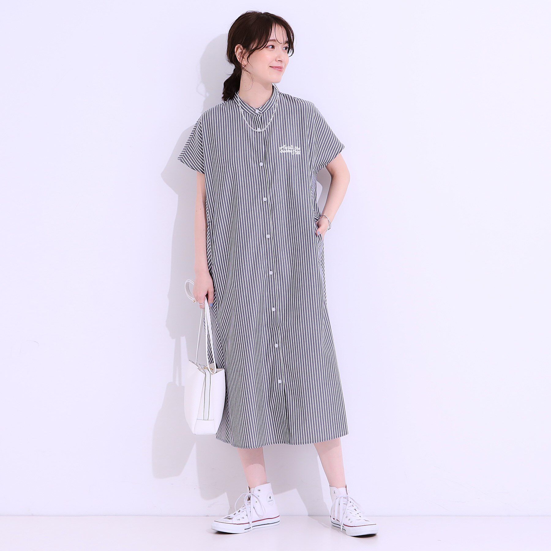 SHOO･LA･RUE「バックロゴが目を惹く ストライプシャツワンピース」|ワンピース|