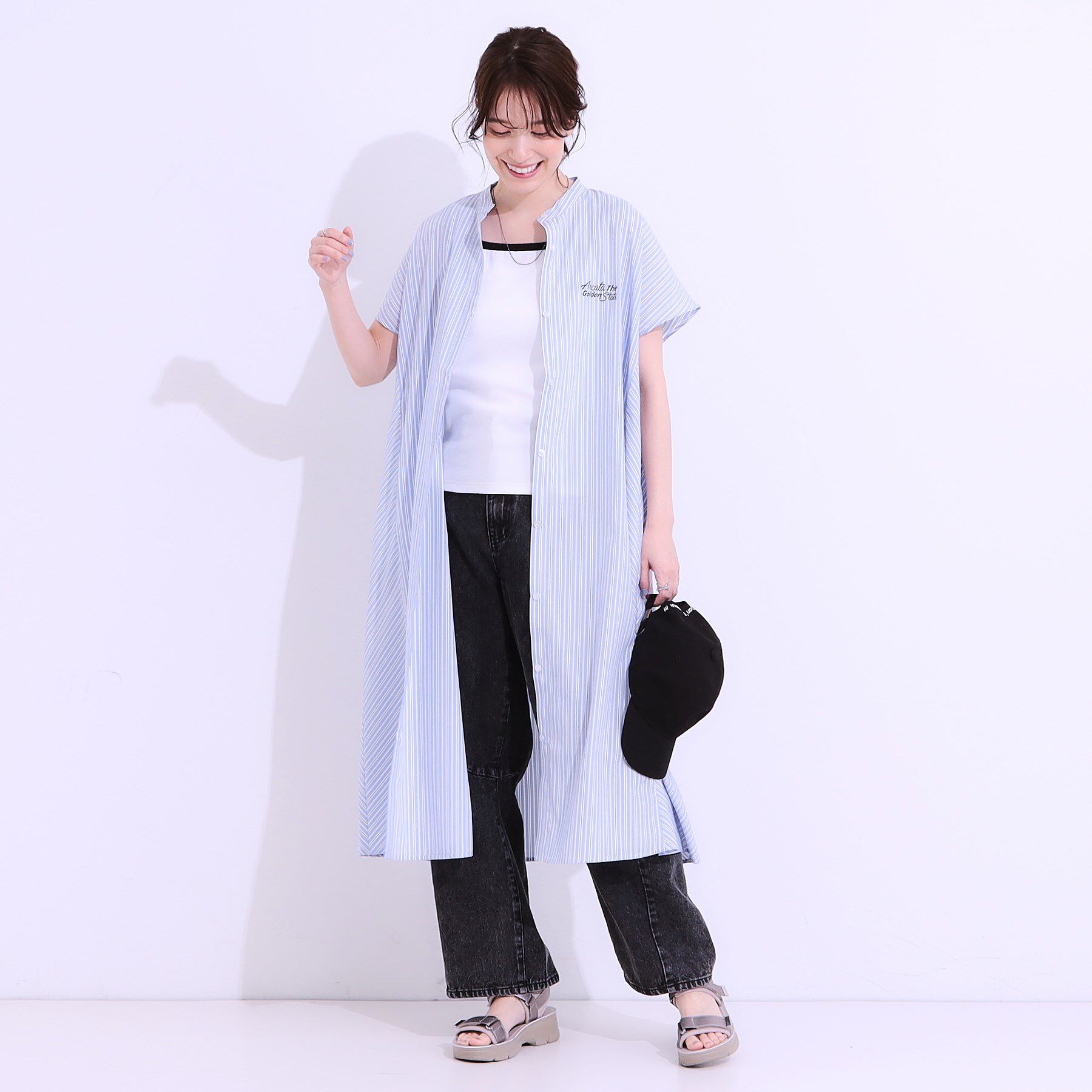 SHOO･LA･RUE「バックロゴが目を惹く ストライプシャツワンピース」|ワンピース|