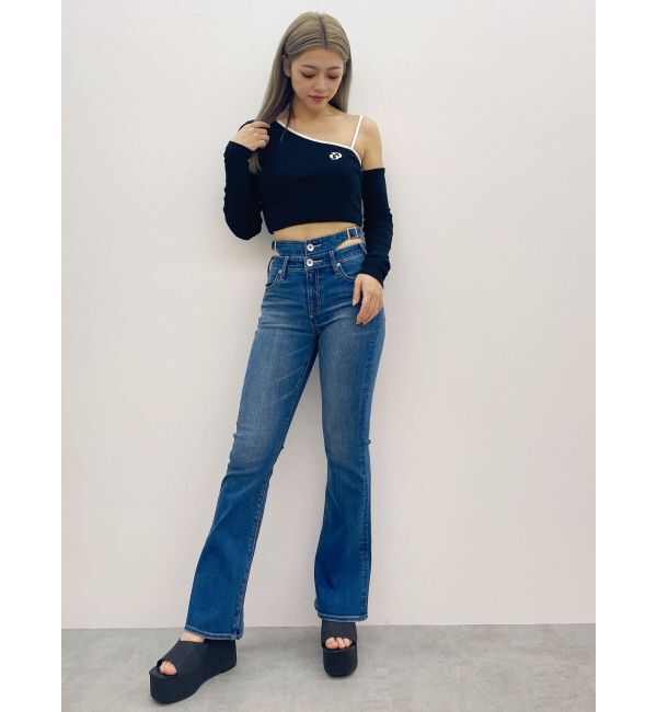 GYDA「GD BICOLORワンショルダーデザインショートトップス」|Tシャツ・カットソー|