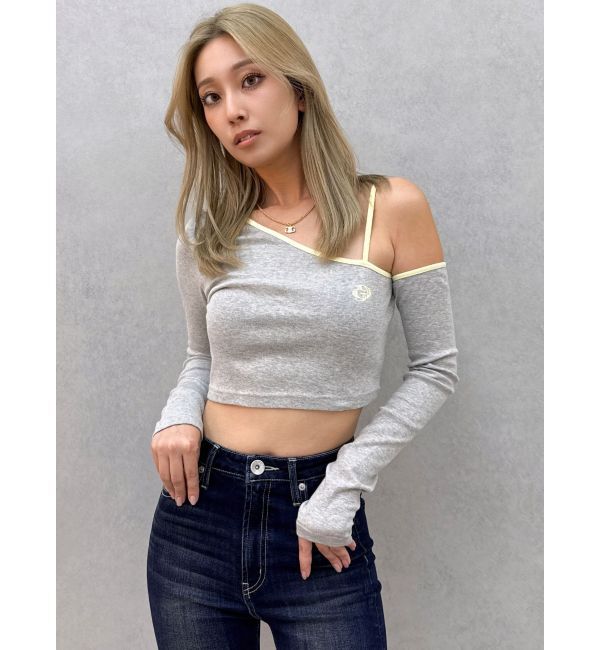 GYDA「GD BICOLORワンショルダーデザインショートトップス」|Tシャツ・カットソー|グレー