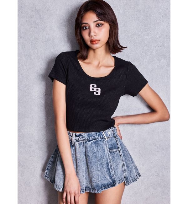GYDA「GGロゴラインストーンラメテレコハーフスリーブトップス」|Tシャツ・カットソー|