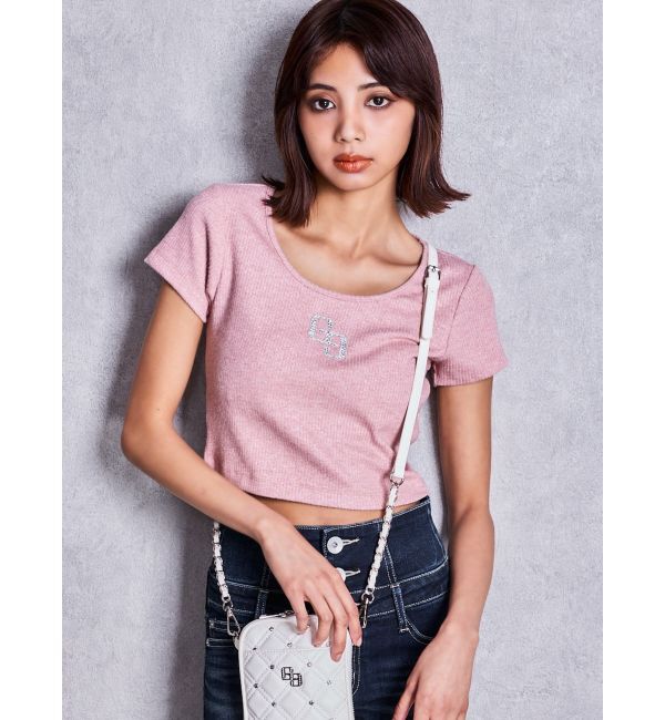GYDA「GGロゴラインストーンラメテレコハーフスリーブトップス」|Tシャツ・カットソー|