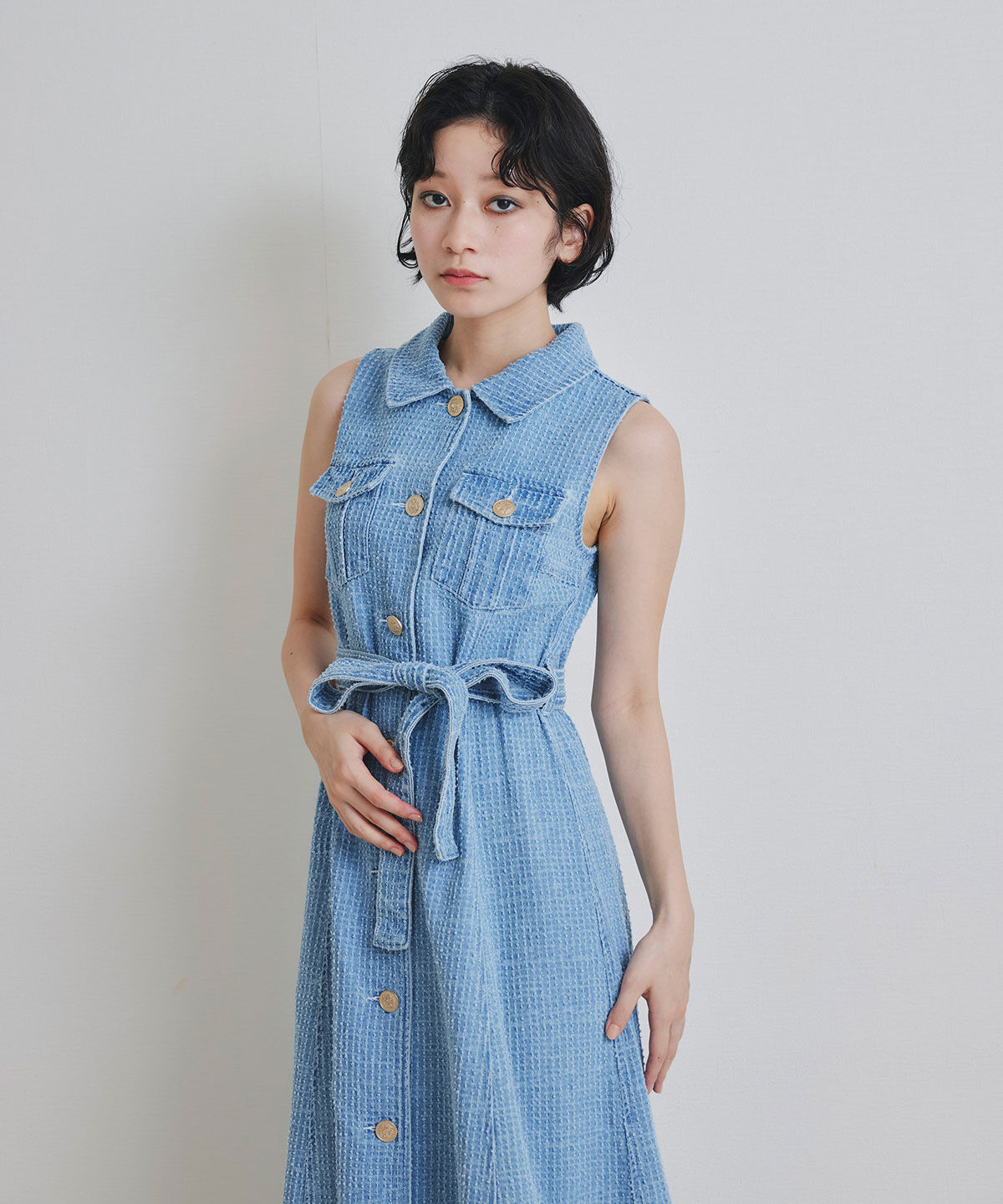 REDYAZEL「レーザーカットデニムロングシャツワンピース」|ワンピース|