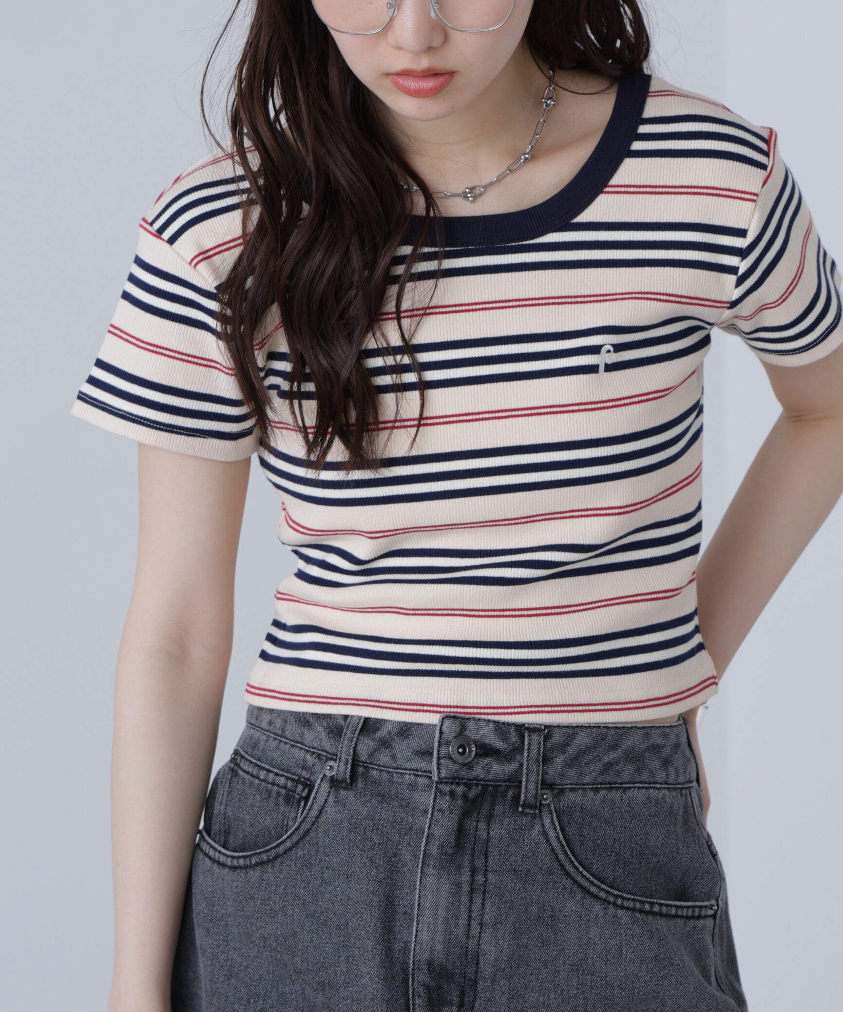  「ワンポイント刺繍マルチボーダーカットソー」|Tシャツ・カットソー|