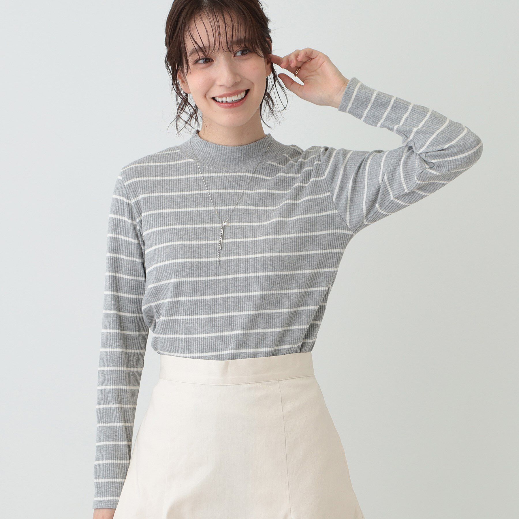 SHOO･LA･RUE「【S-LL】テレコリブハイネックトップス」|Tシャツ・カットソー|ライトグレー(311