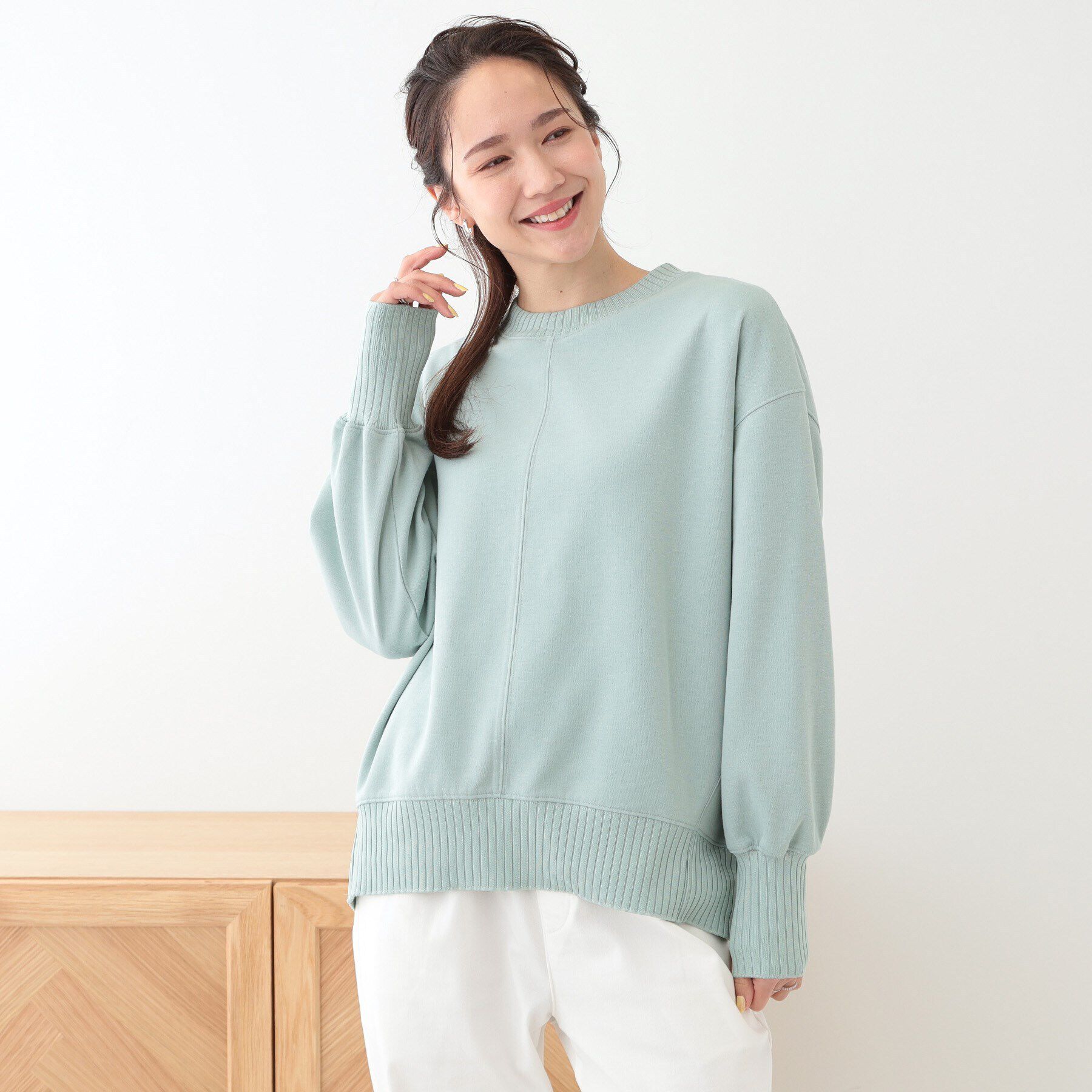 SHOO･LA･RUE「【洗える/S-LL】長めのリブでお袖すっきり 異素材トップス」|Tシャツ・カットソー|