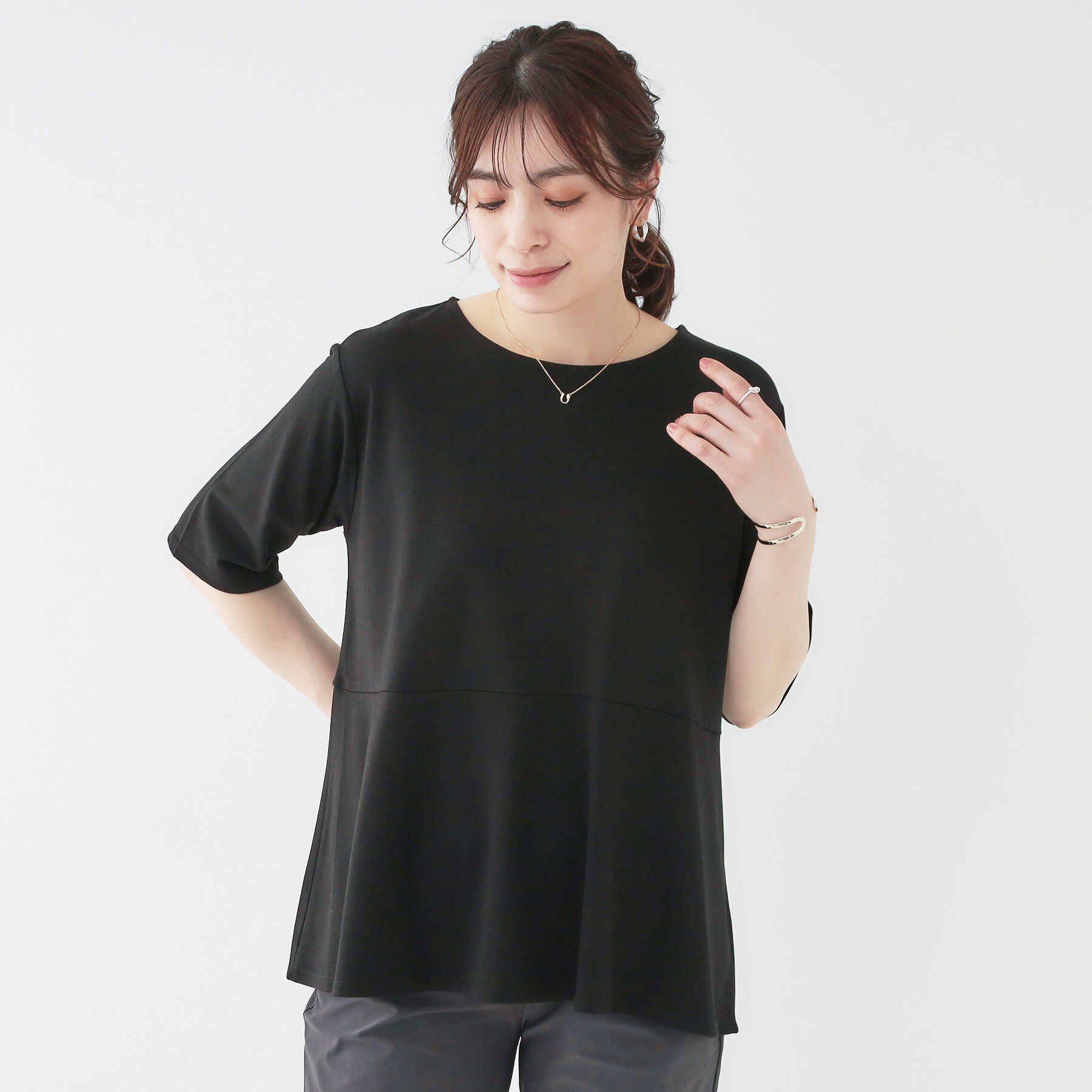 SHOO･LA･RUE「【ひんやり/UV】インせず着られる とろみペプラム5分袖トップス」|Tシャツ・カットソー|