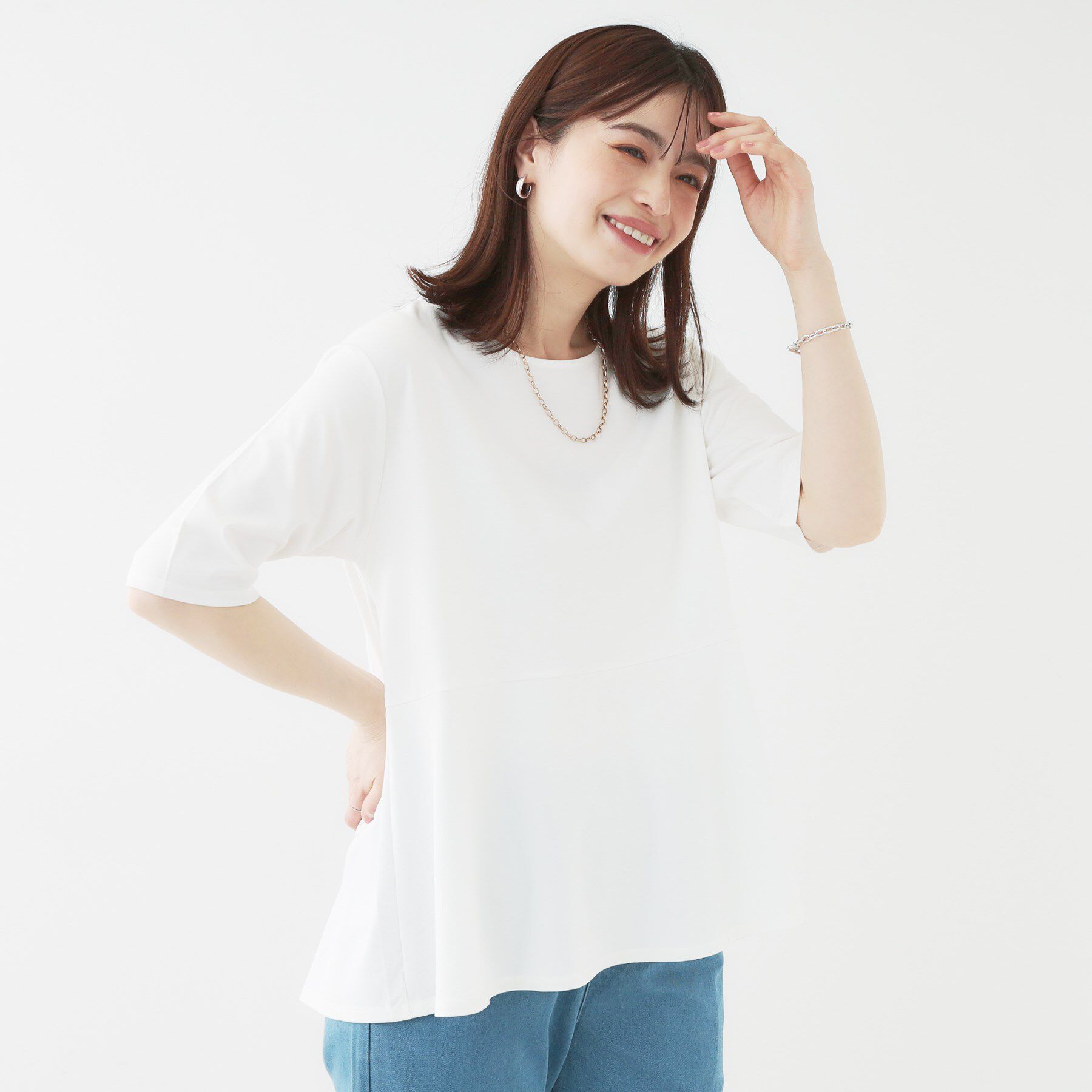 SHOO･LA･RUE「【ひんやり/UV】インせず着られる とろみペプラム5分袖トップス」|Tシャツ・カットソー|
