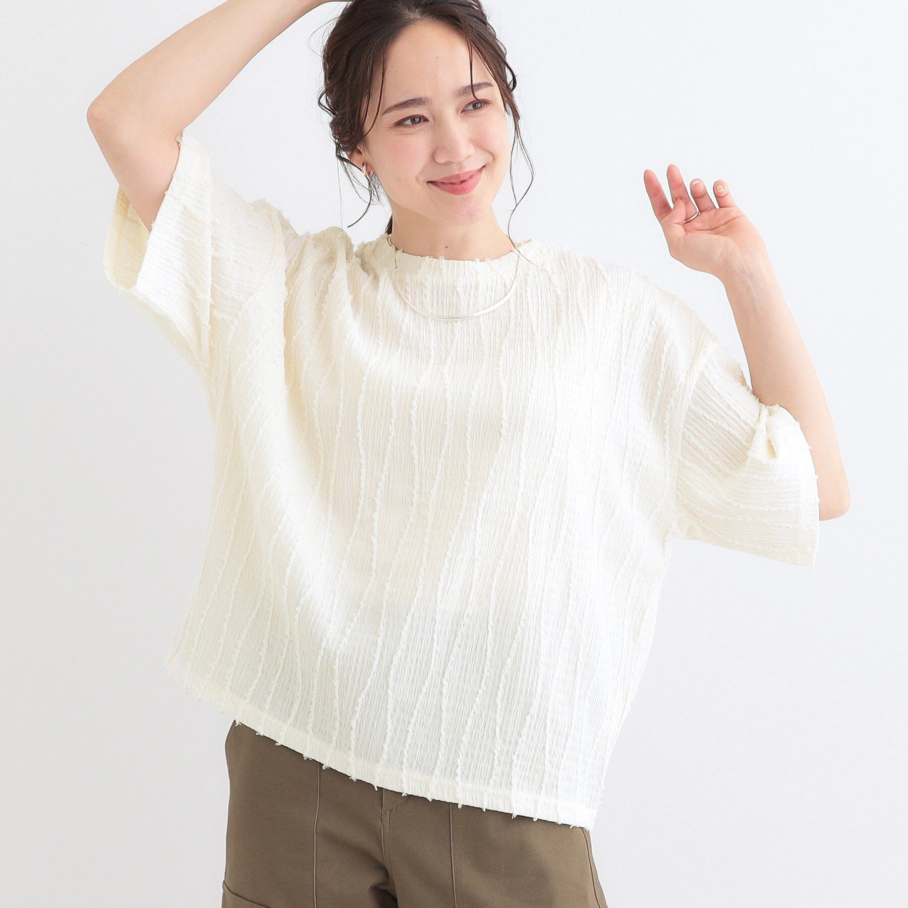SHOO･LA･RUE「1枚で着映え ジャカードフリンジ5分袖トップス」|Tシャツ・カットソー|オフホワイト(003