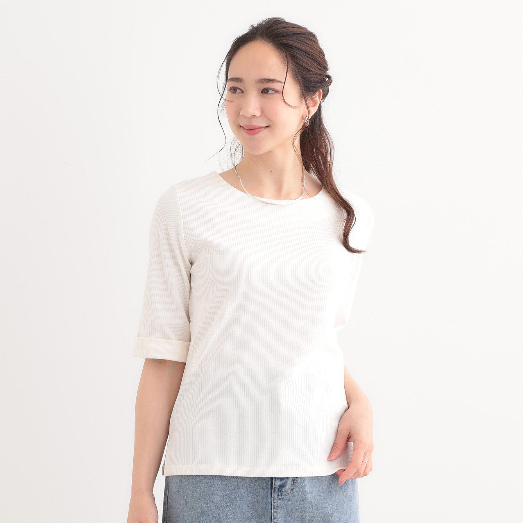SHOO･LA･RUE「【S-LL】1枚でもインナーでも テレコ5分袖トップス」|Tシャツ・カットソー|