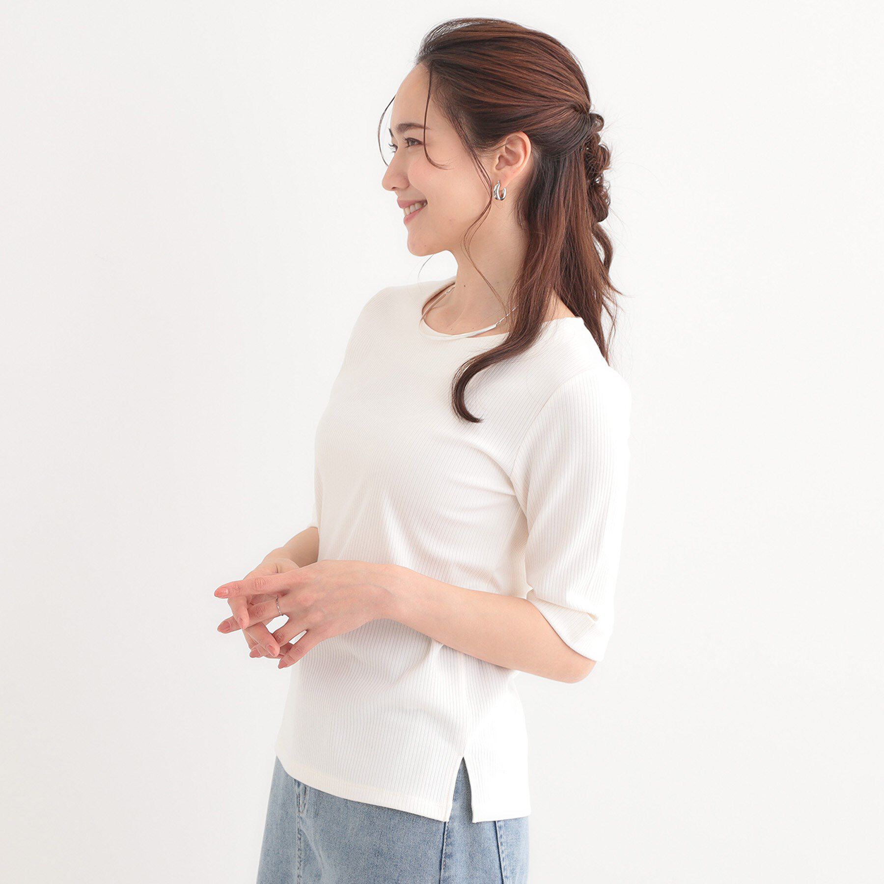 SHOO･LA･RUE「【S-LL】1枚でもインナーでも テレコ5分袖トップス」|Tシャツ・カットソー|