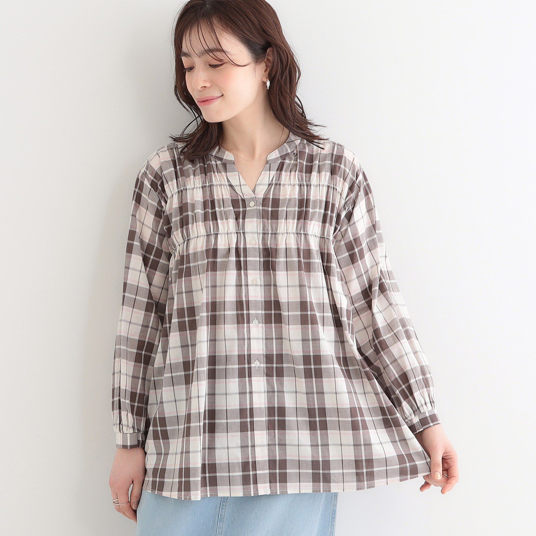 SHOO･LA･RUE「【S-LL】チェック柄シャーリングシャツ」|シャツ・ブラウス|ベージュ(352)