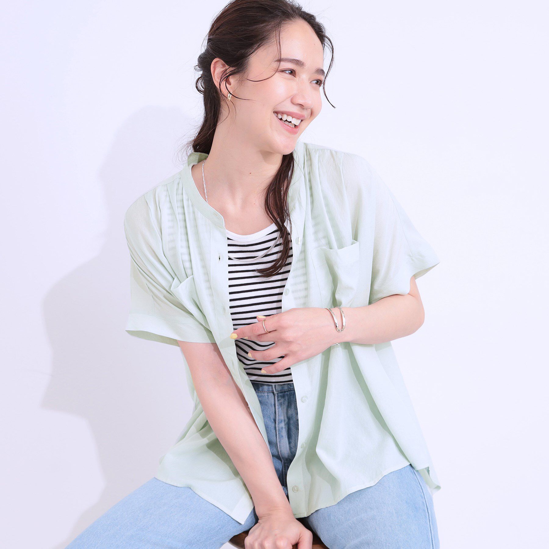SHOO･LA･RUE「【S-LL/セットアップ可】大人のシアー感 バンドカラーブラウス」|シャツ・ブラウス|ミントグリーン(02