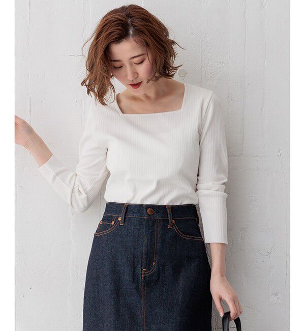 23区「【洗える】コンパクトリブ スクエアネック カットソー」|Tシャツ・カットソー|ホワイト系