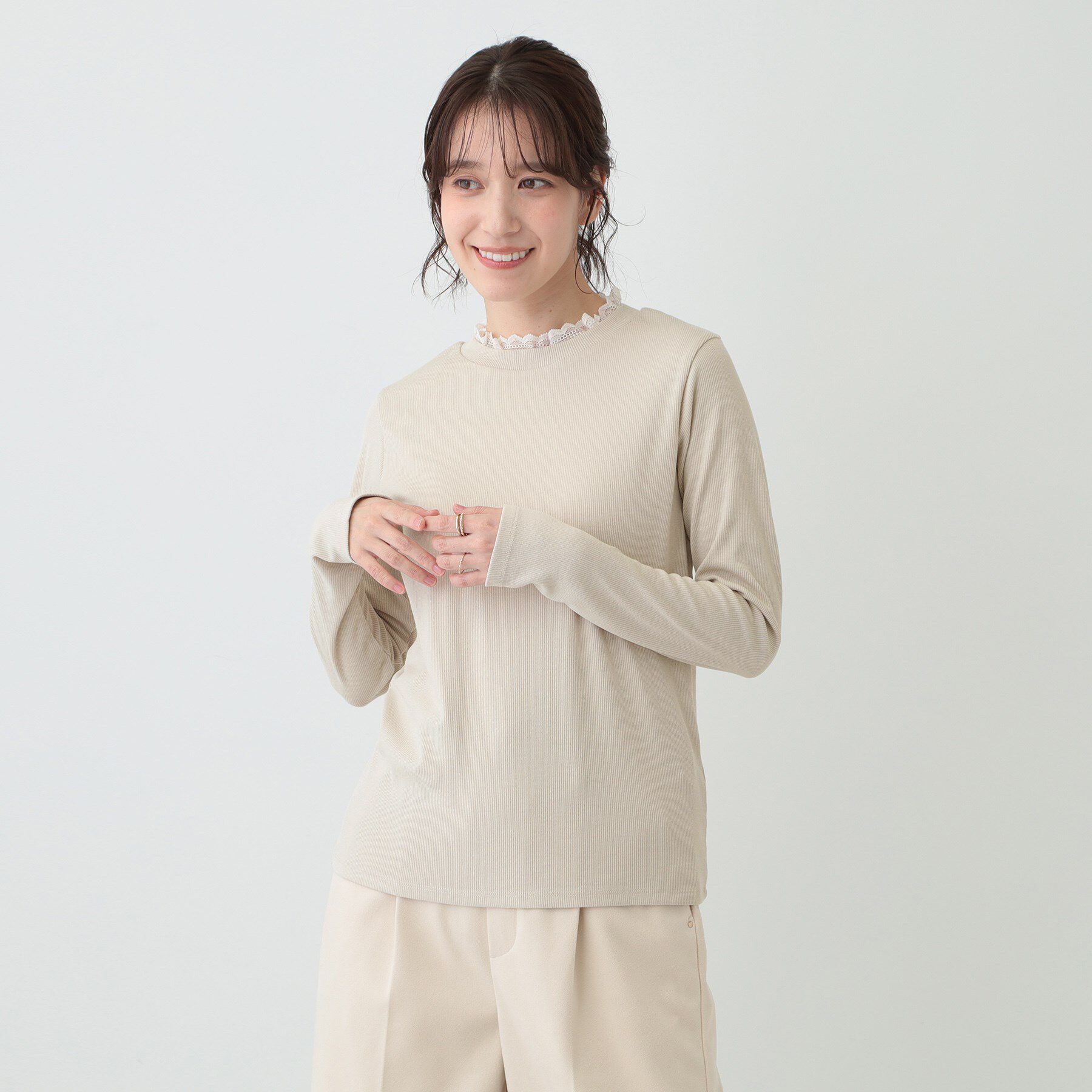 SHOO･LA･RUE「【S-LL】衿レースハイネックリブトップス」|Tシャツ・カットソー|
