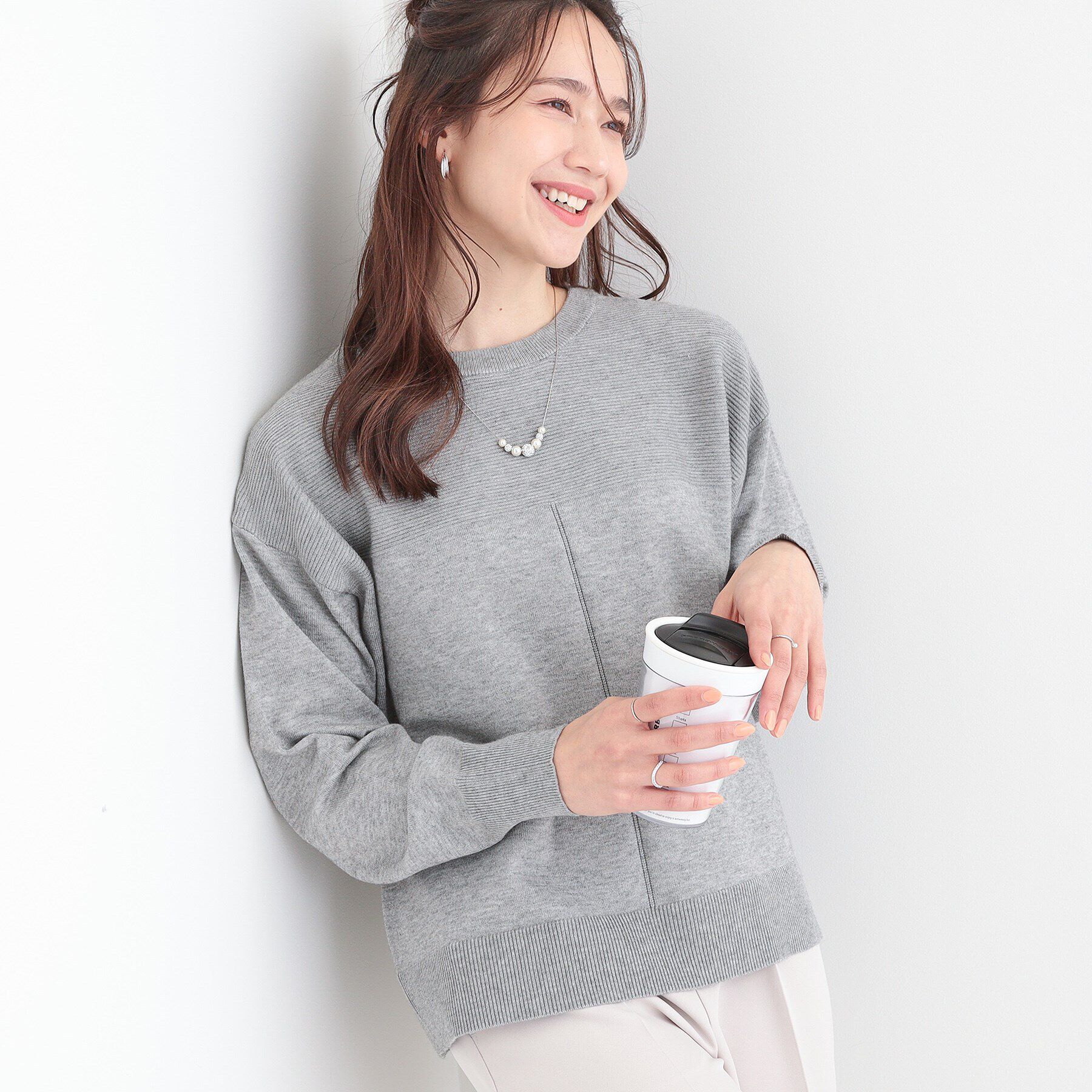 SHOO･LA･RUE「【S-LL/洗える】顔回りすっきりガーター編み切り替えニット」|ニット・セーター|グレー(012)